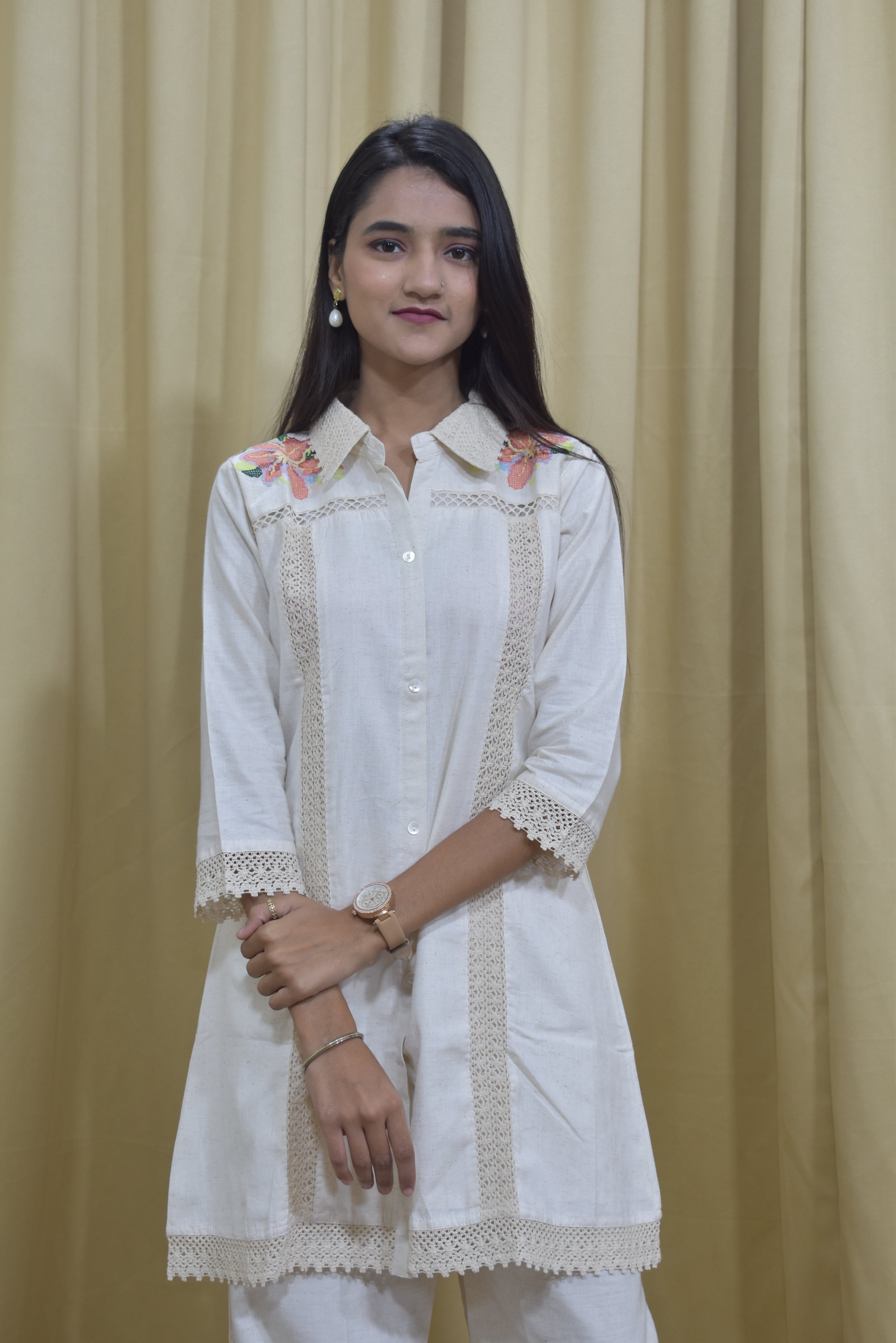 Cream Beige Striped Khadi Metty Work suit set
