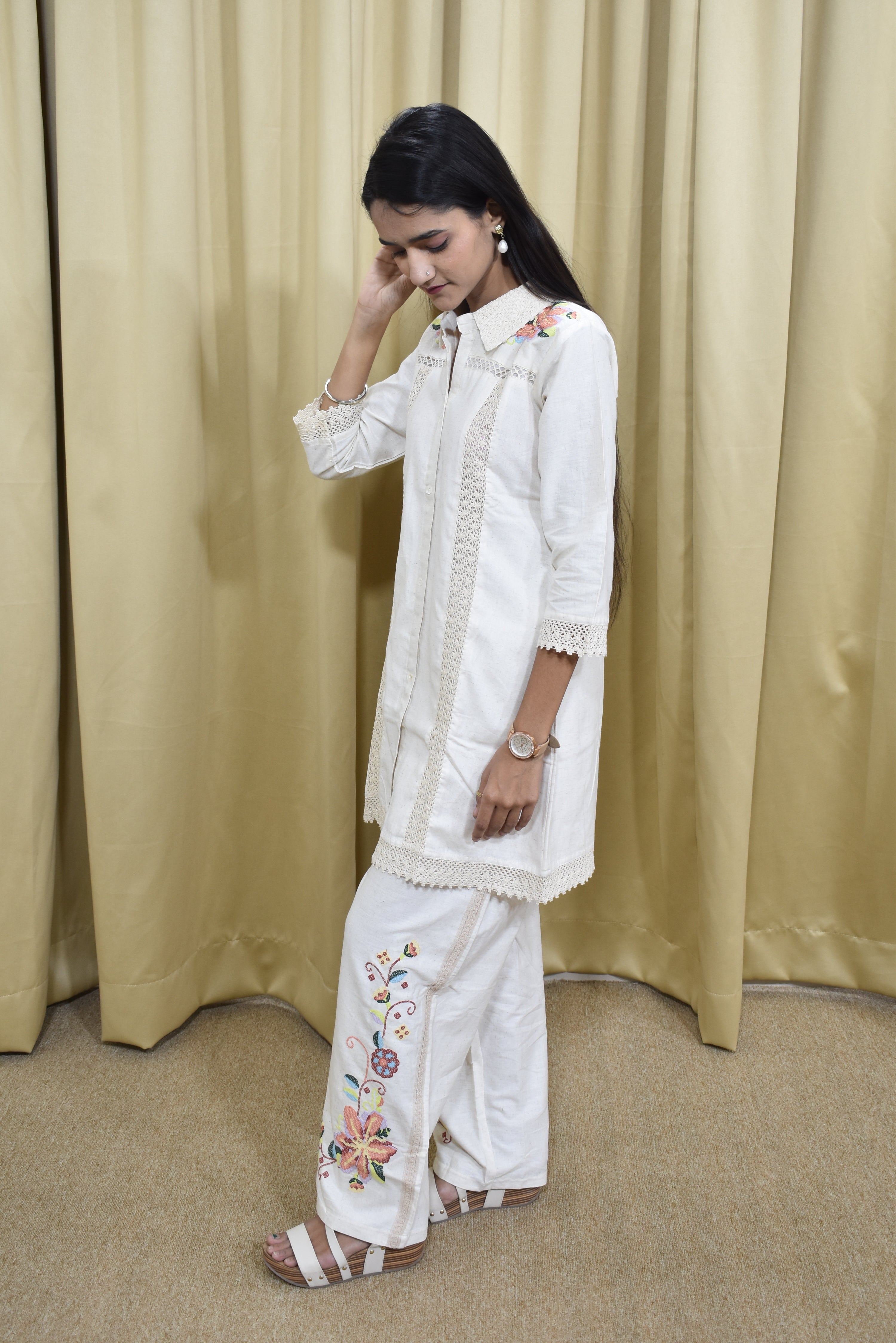 Cream Beige Striped Khadi Metty Work suit set