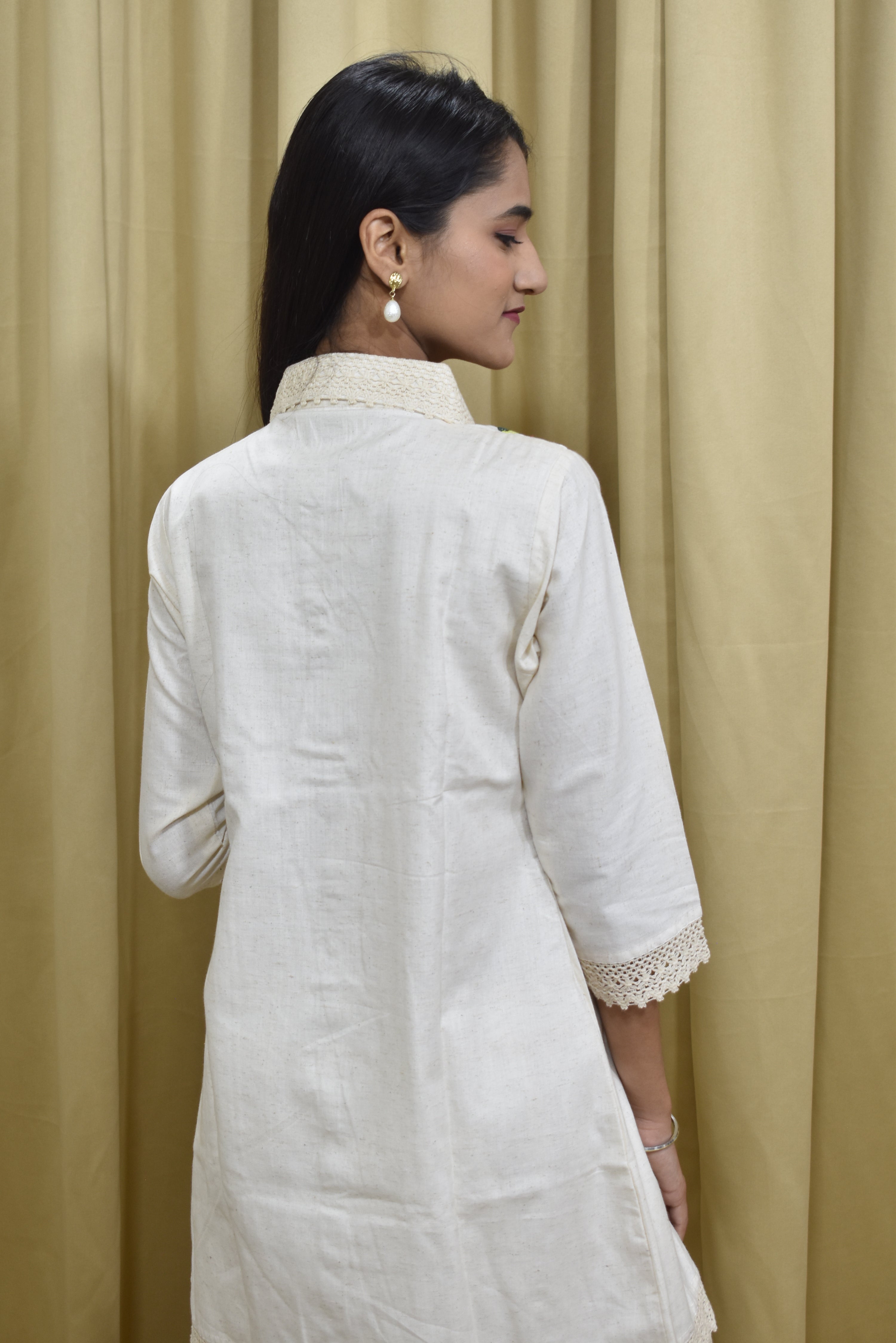 Cream Beige Striped Khadi Metty Work suit set