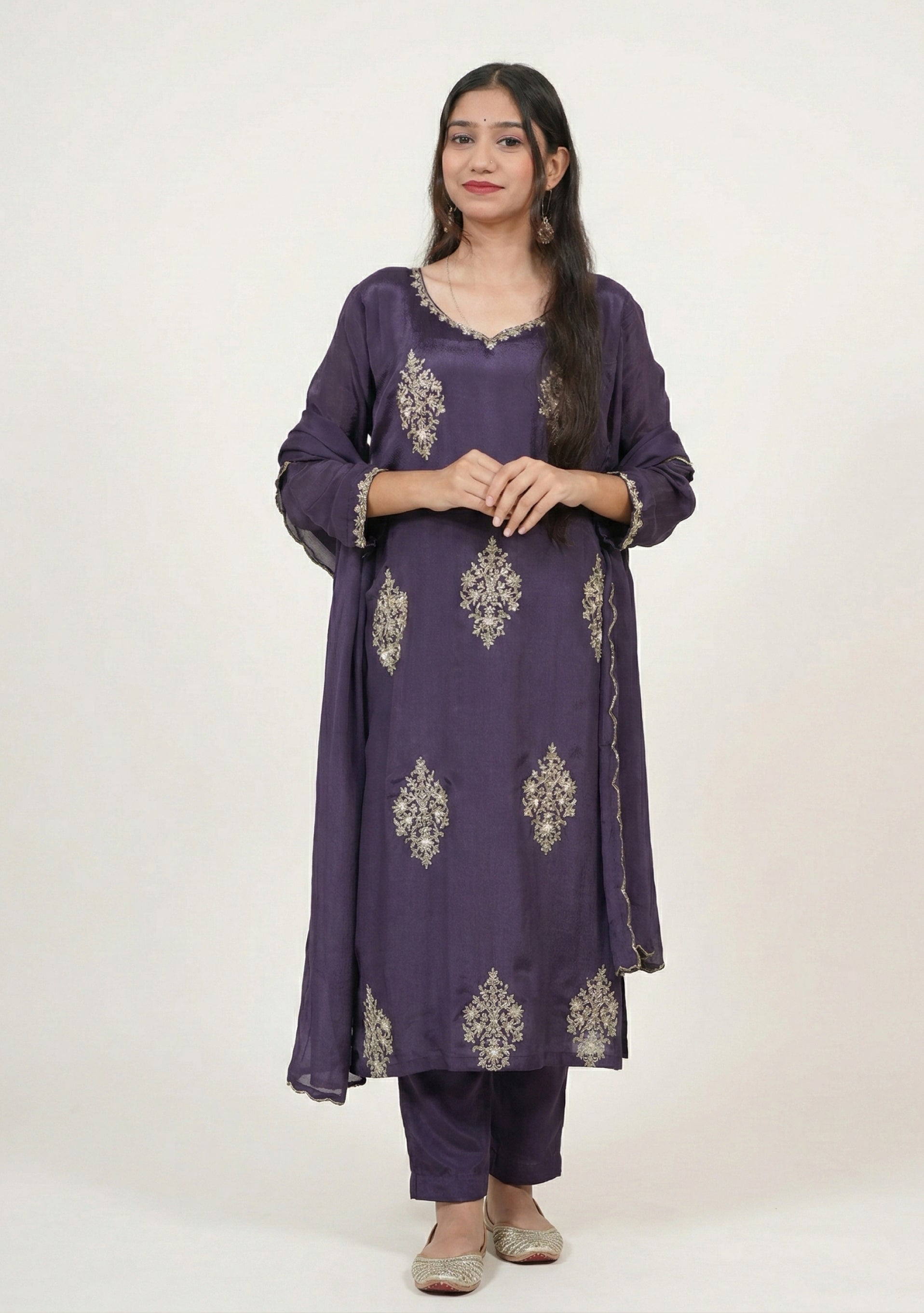 Dark Purple Chinon Handcrafted 3pc suit set