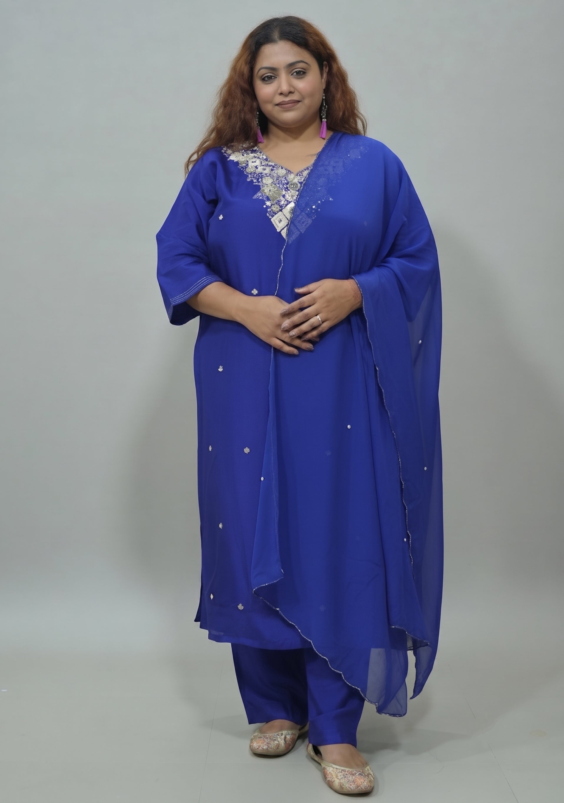 Deep Blue Art Silk Handcrafted 3pc suit set