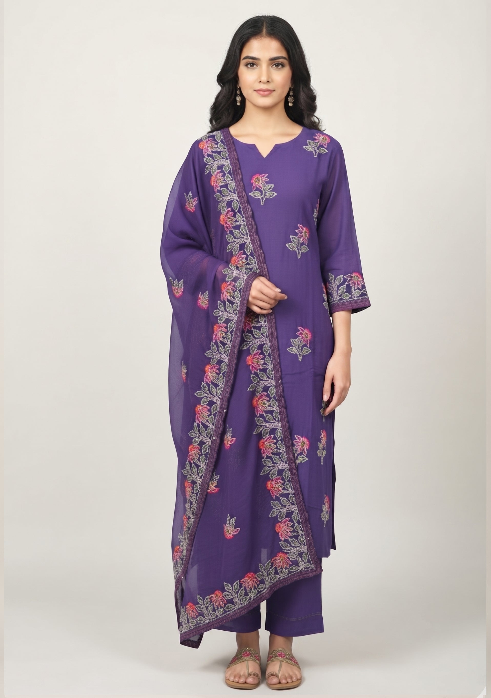 Deep Blue Chanderi Handcrafted 3pc suit set