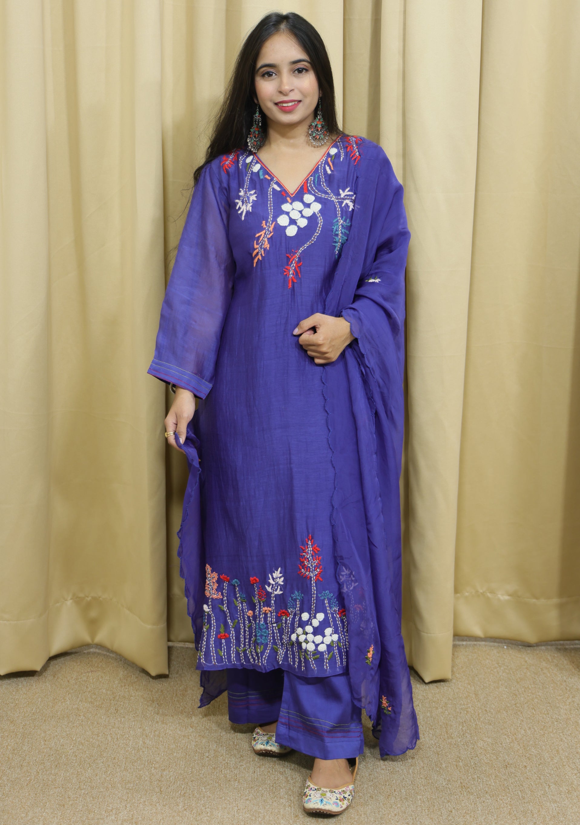 Deep Blue Mul Cotton Handcrafted 3pc suit set
