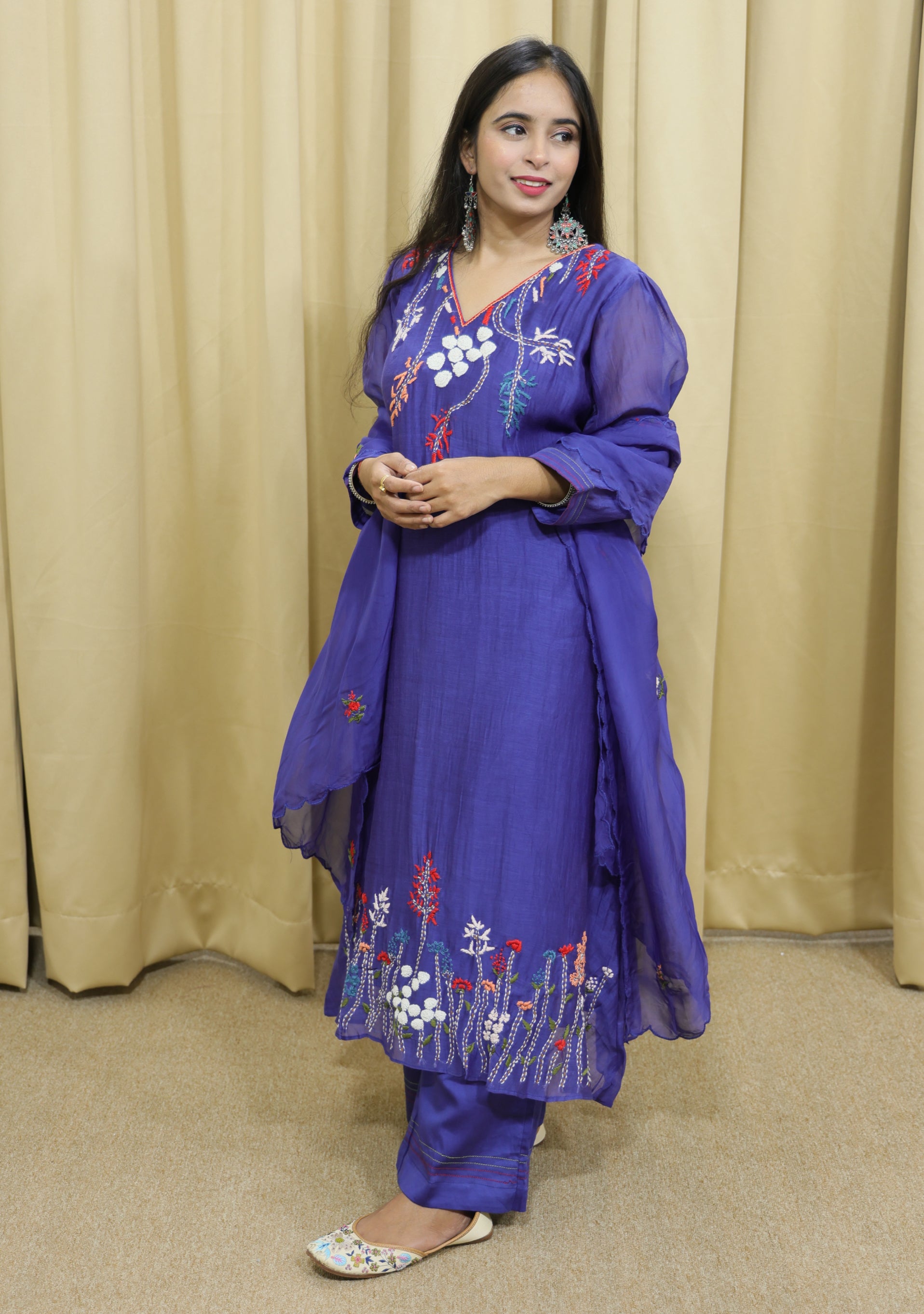 Deep Blue Mul Cotton Handcrafted 3pc suit set