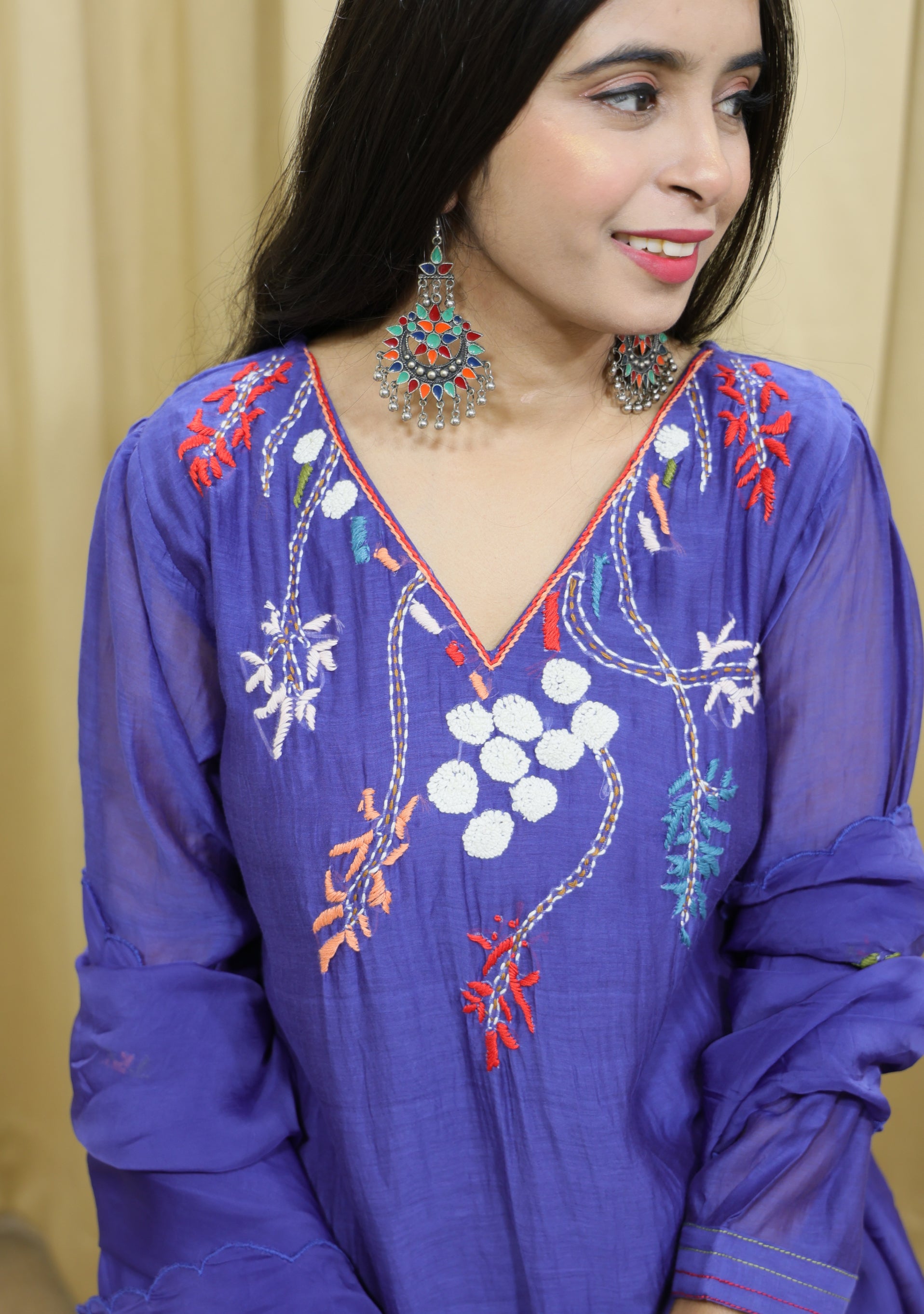 Deep Blue Mul Cotton Handcrafted 3pc suit set