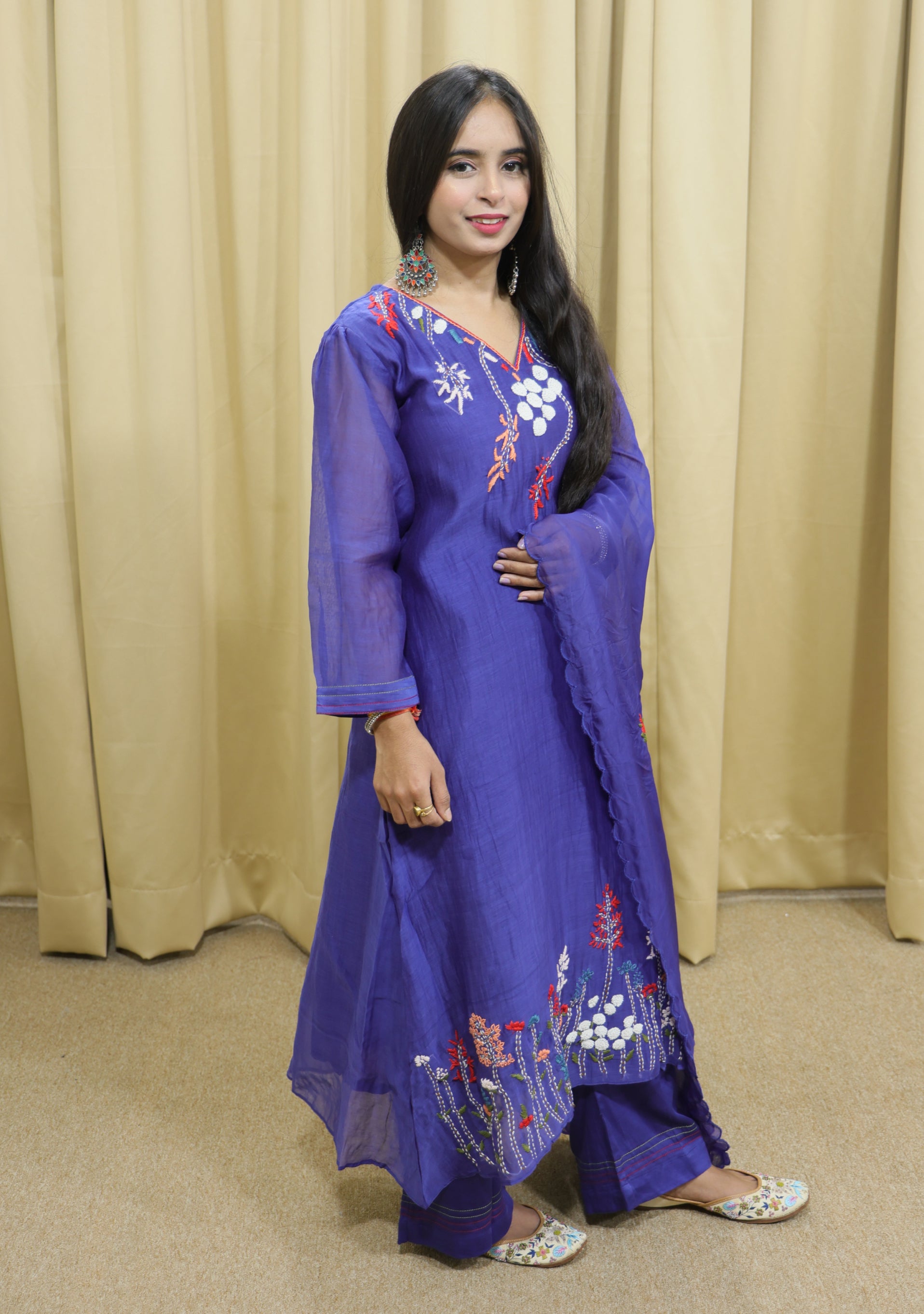 Deep Blue Mul Cotton Handcrafted 3pc suit set
