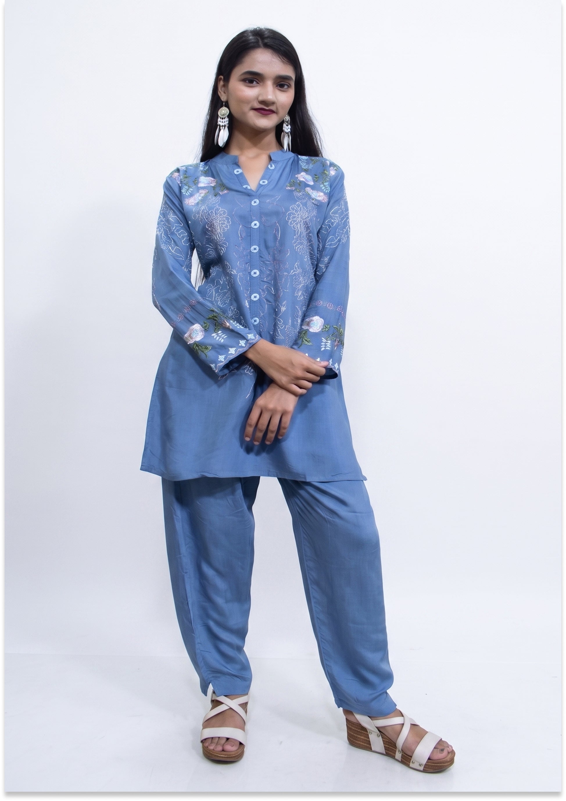 Denim Blue Crepe Co-ord Set Indo-Western