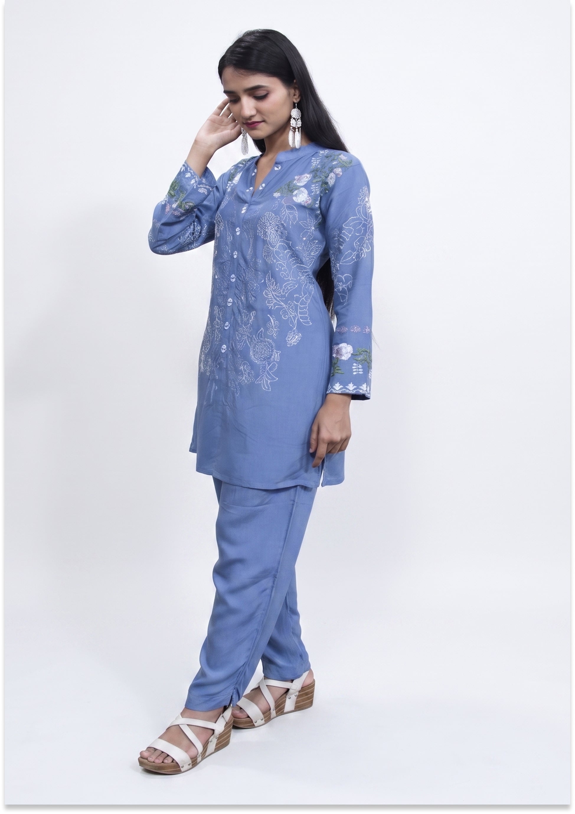 Denim Blue Crepe Co-ord Set Indo-Western