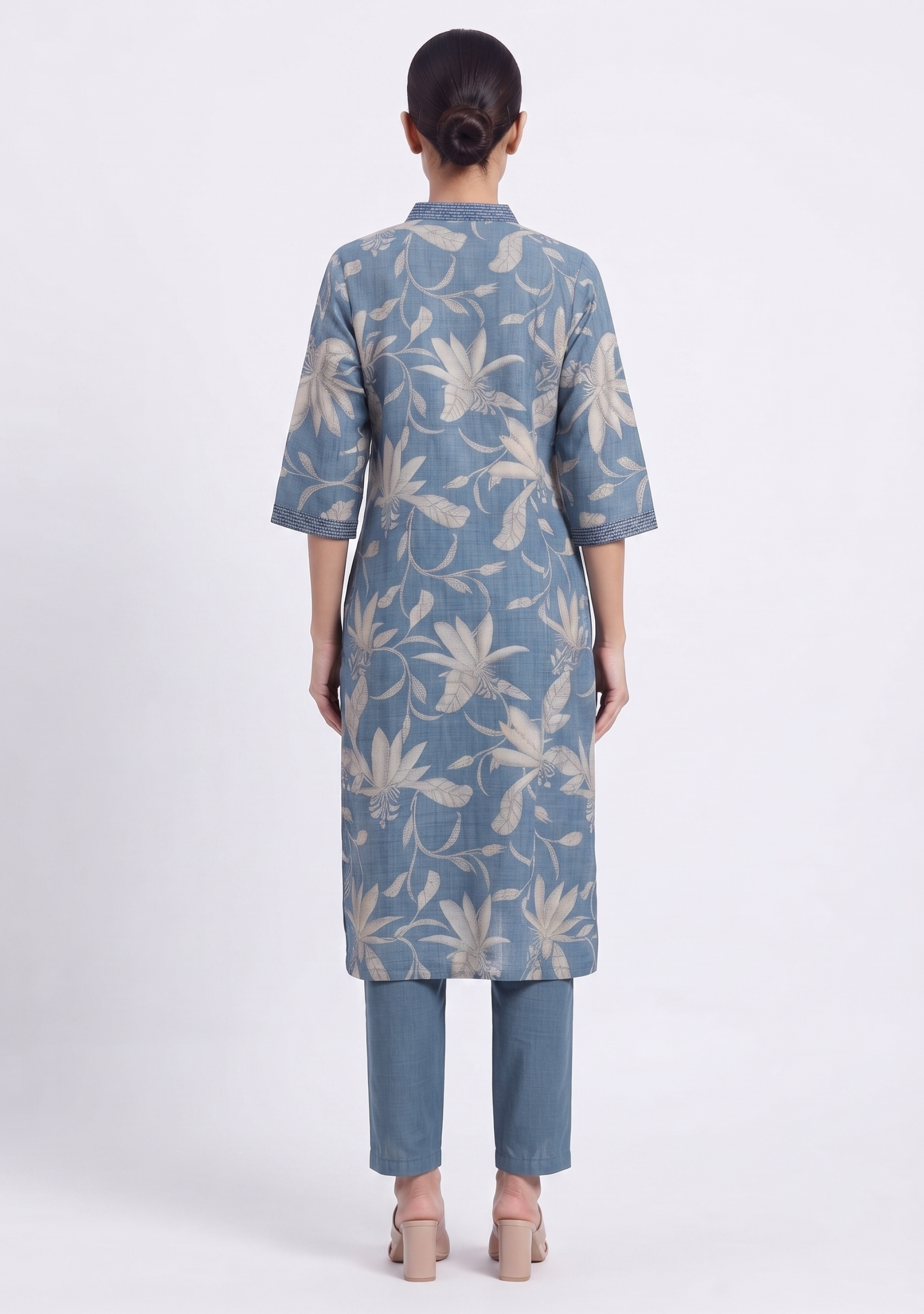 Denim Cotton Blue V Neck Embroidered 3pc suit set