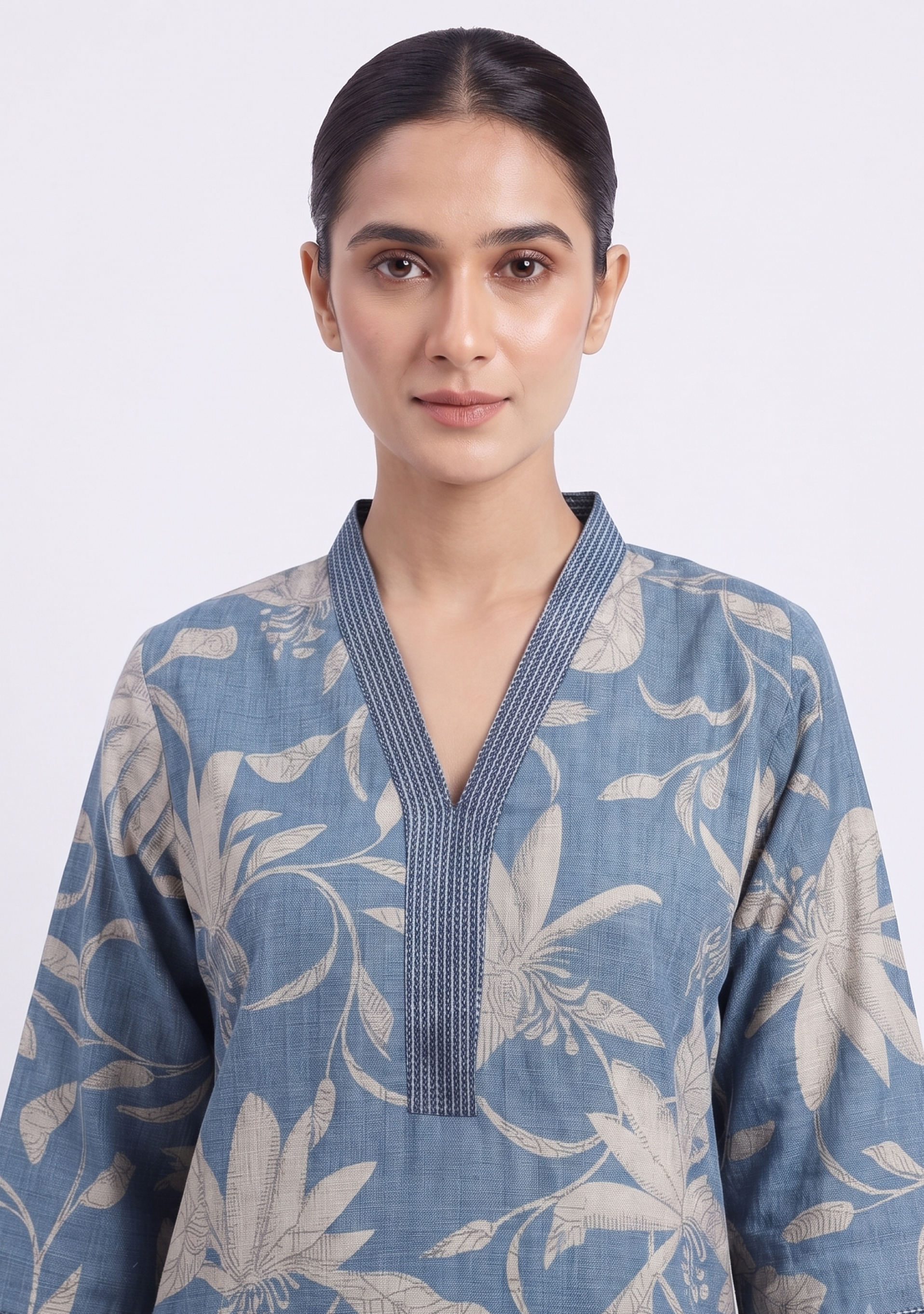 Denim Cotton Blue V Neck Embroidered 3pc suit set