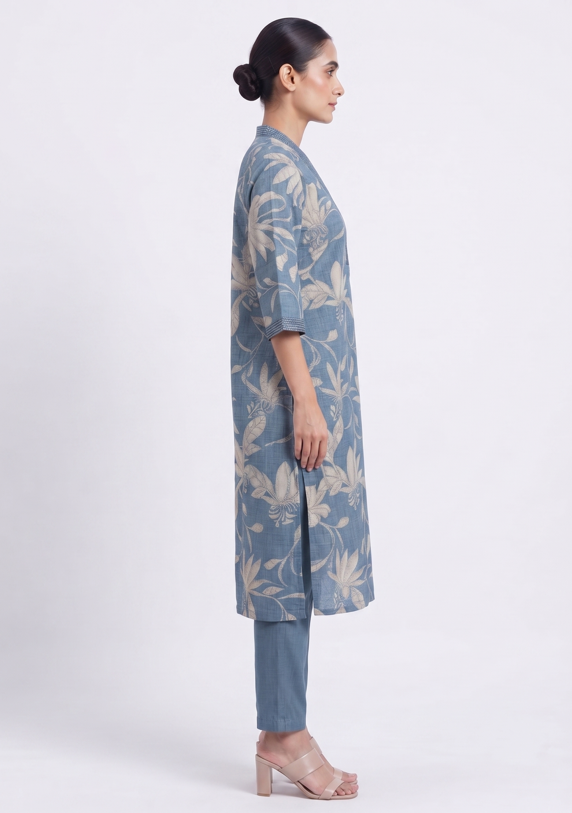 Denim Cotton Blue V Neck Embroidered 3pc suit set