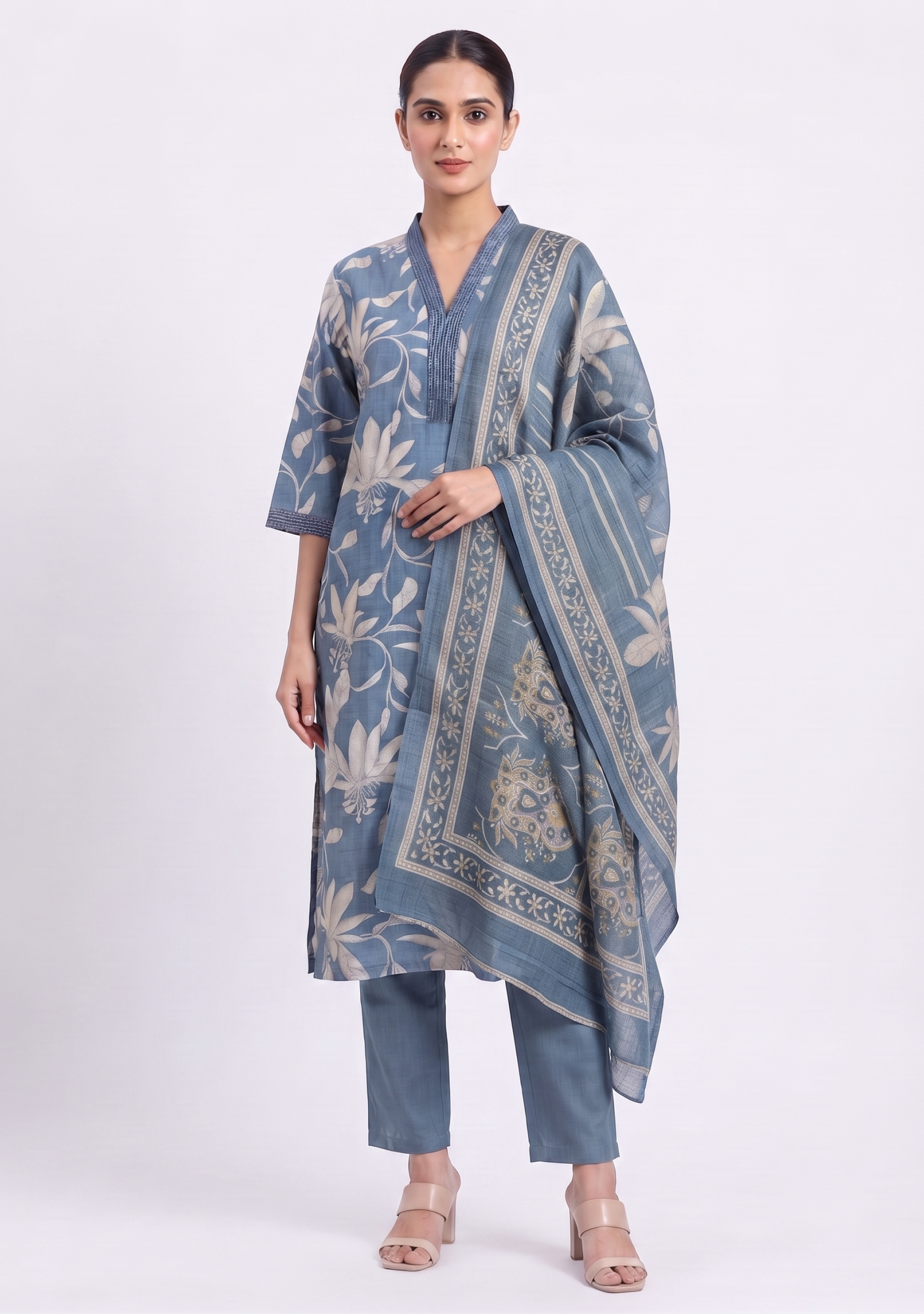 Denim Cotton Blue V Neck Embroidered 3pc suit set