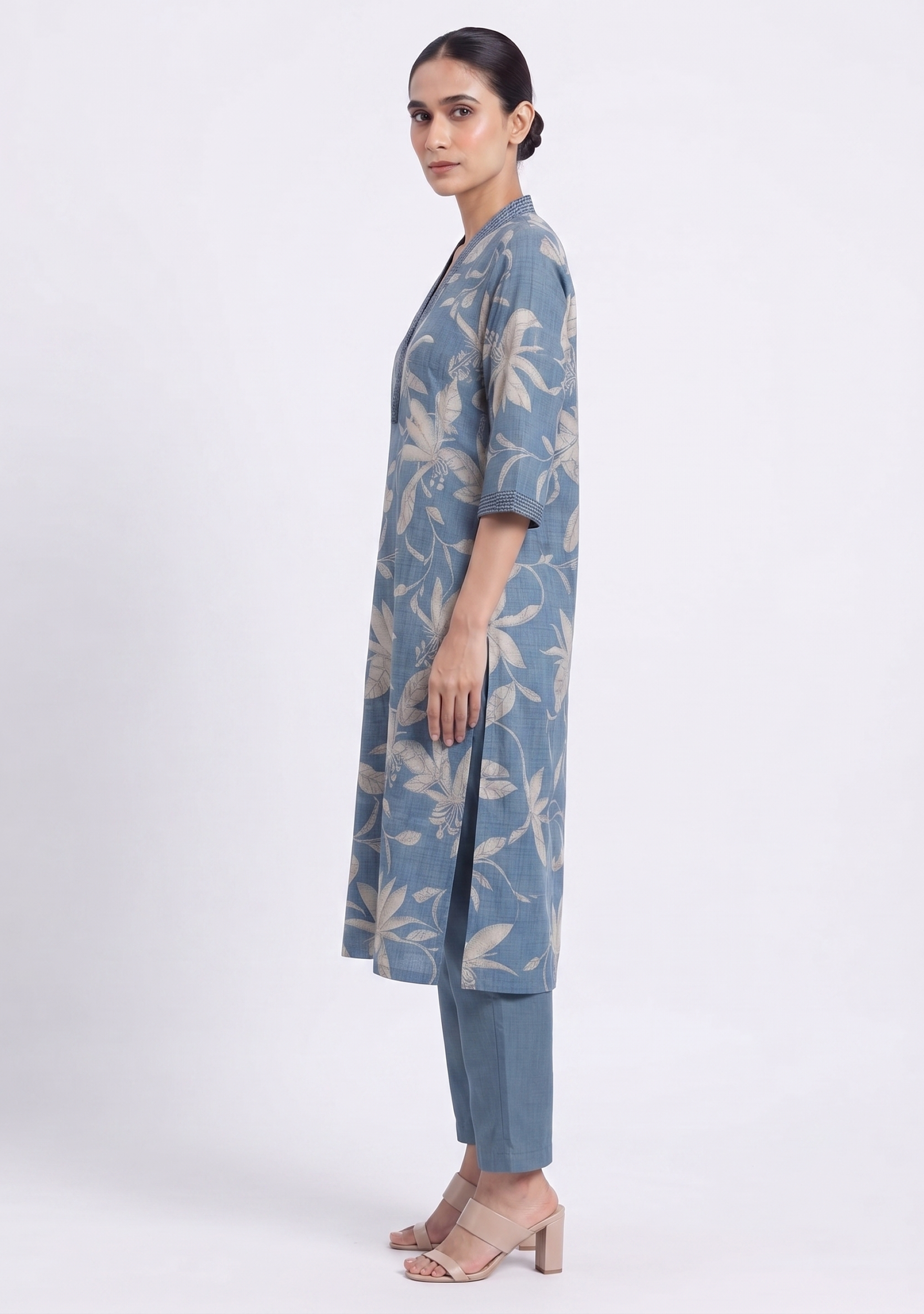 Denim Cotton Blue V Neck Embroidered 3pc suit set
