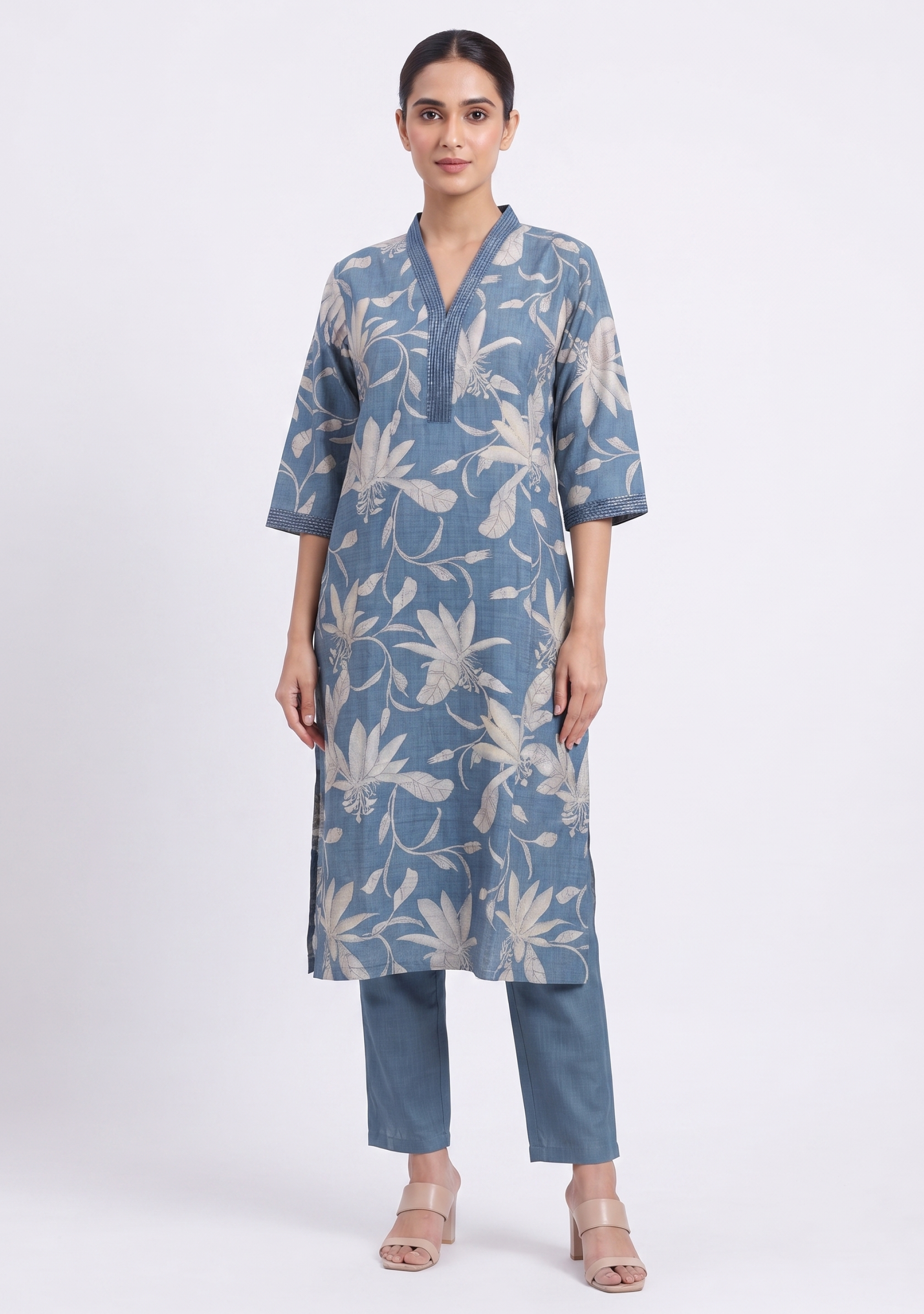 Denim Cotton Blue V Neck Embroidered 3pc suit set