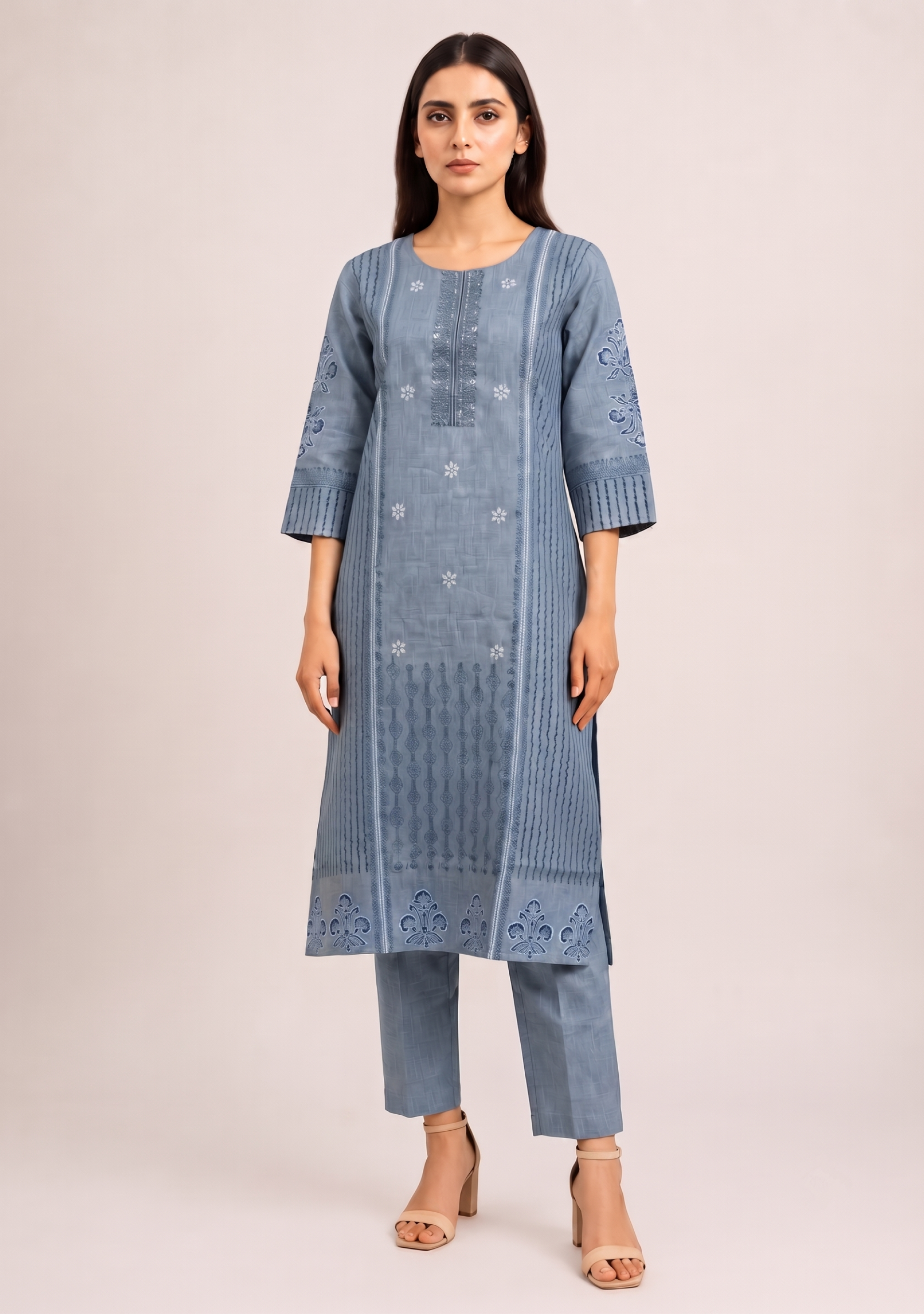 Denim Grey Cotton Embroidered 3pc suit set