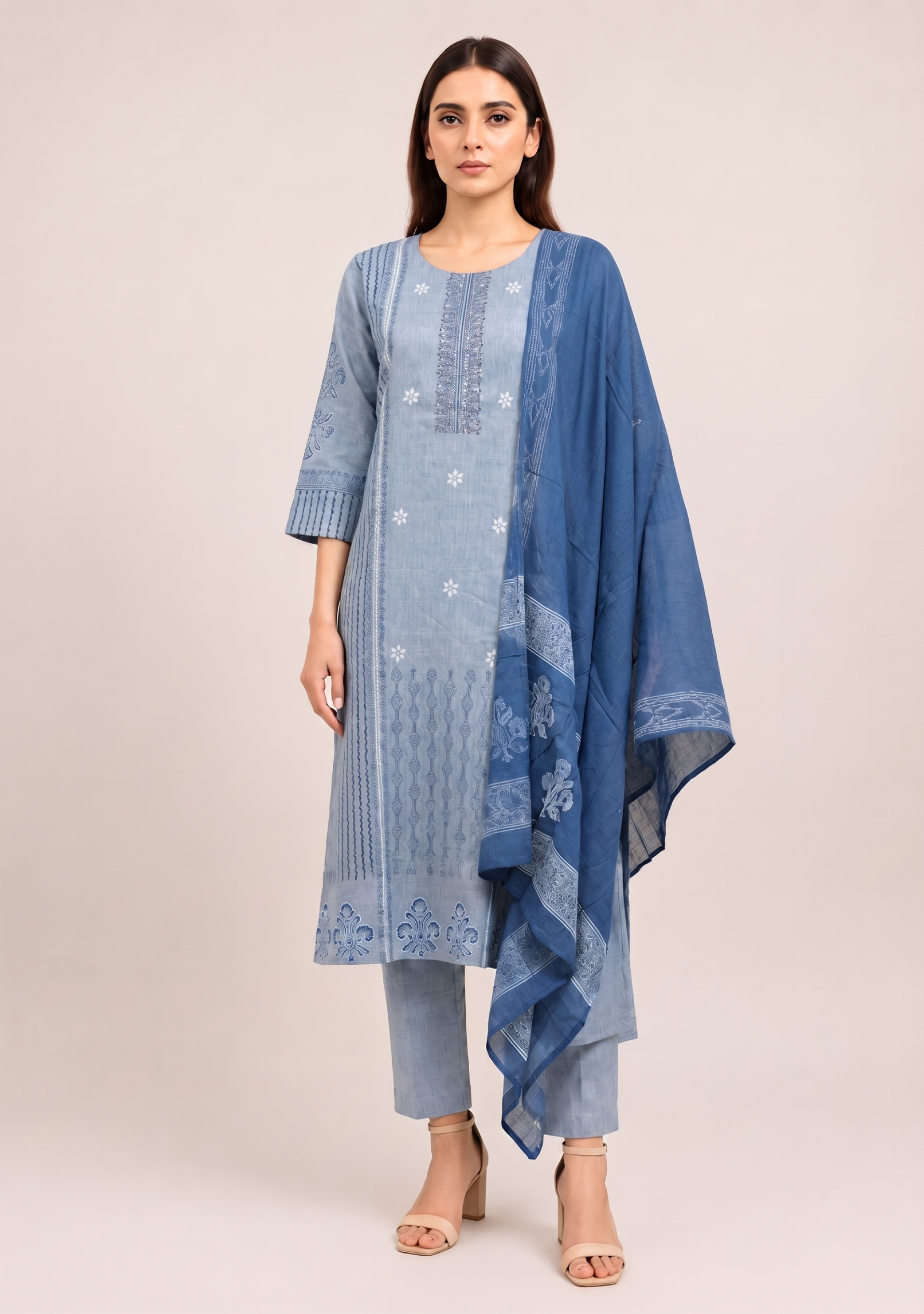 Denim Grey Cotton Embroidered 3pc suit set