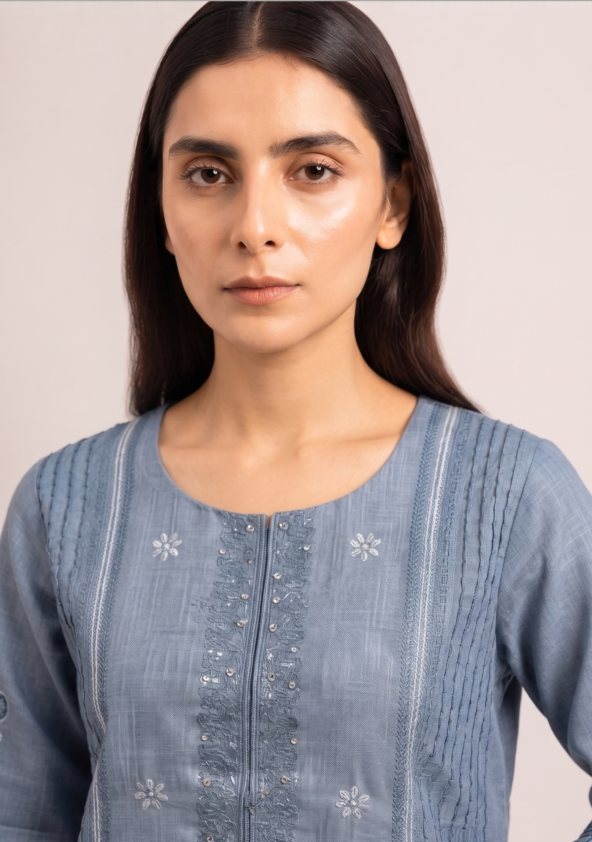 Denim Grey Cotton Embroidered 3pc suit set