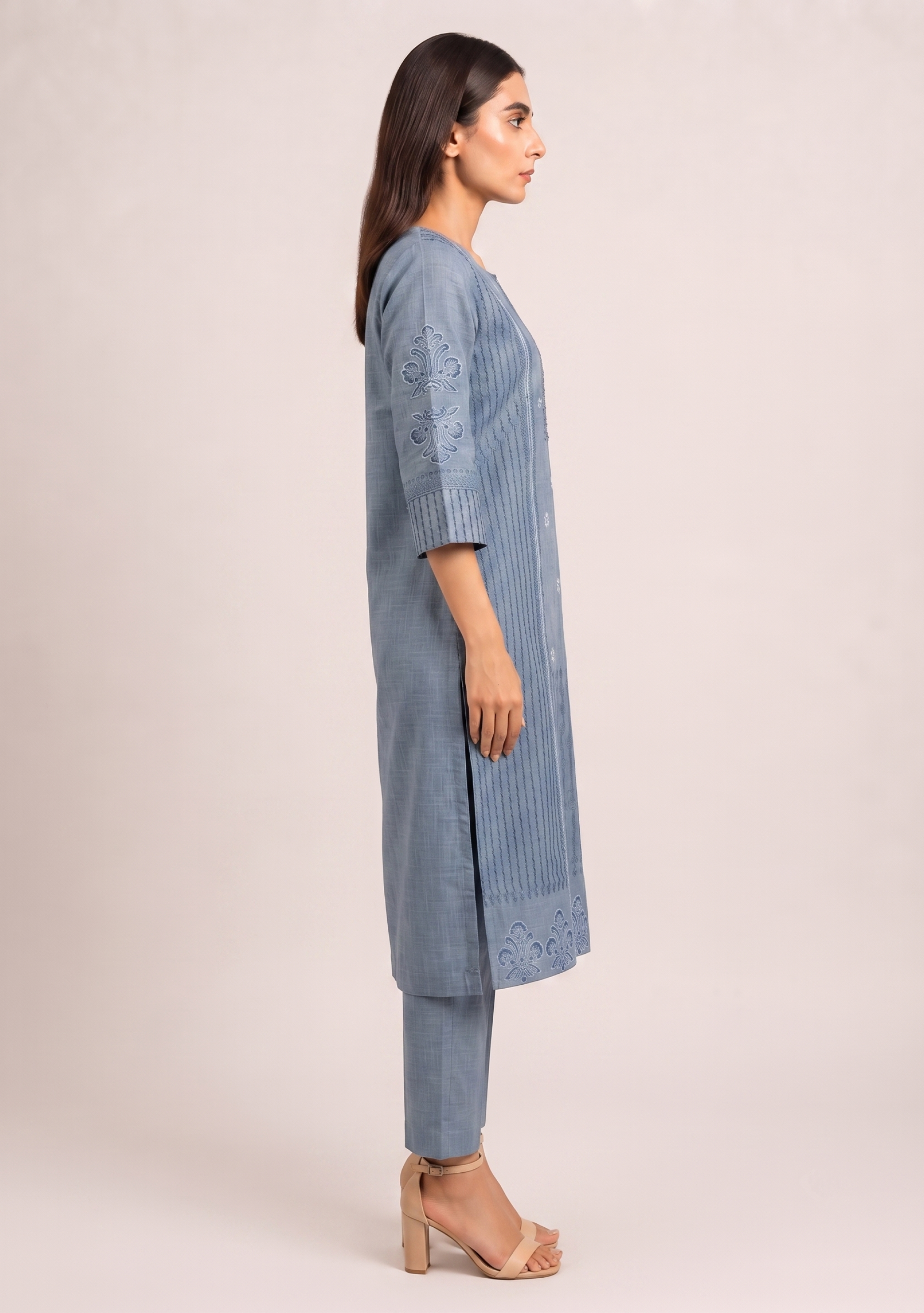 Denim Grey Cotton Embroidered 3pc suit set
