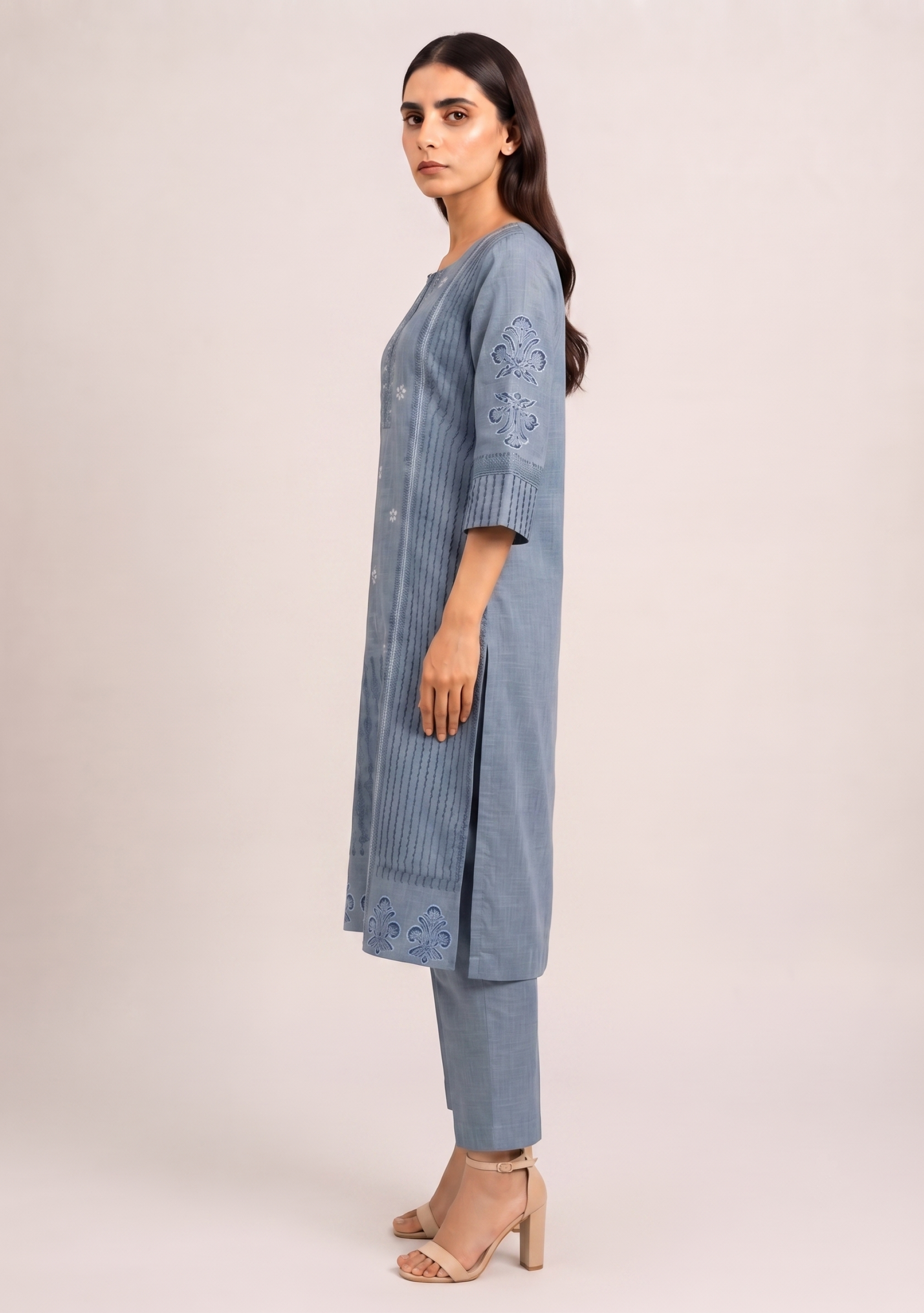 Denim Grey Cotton Embroidered 3pc suit set