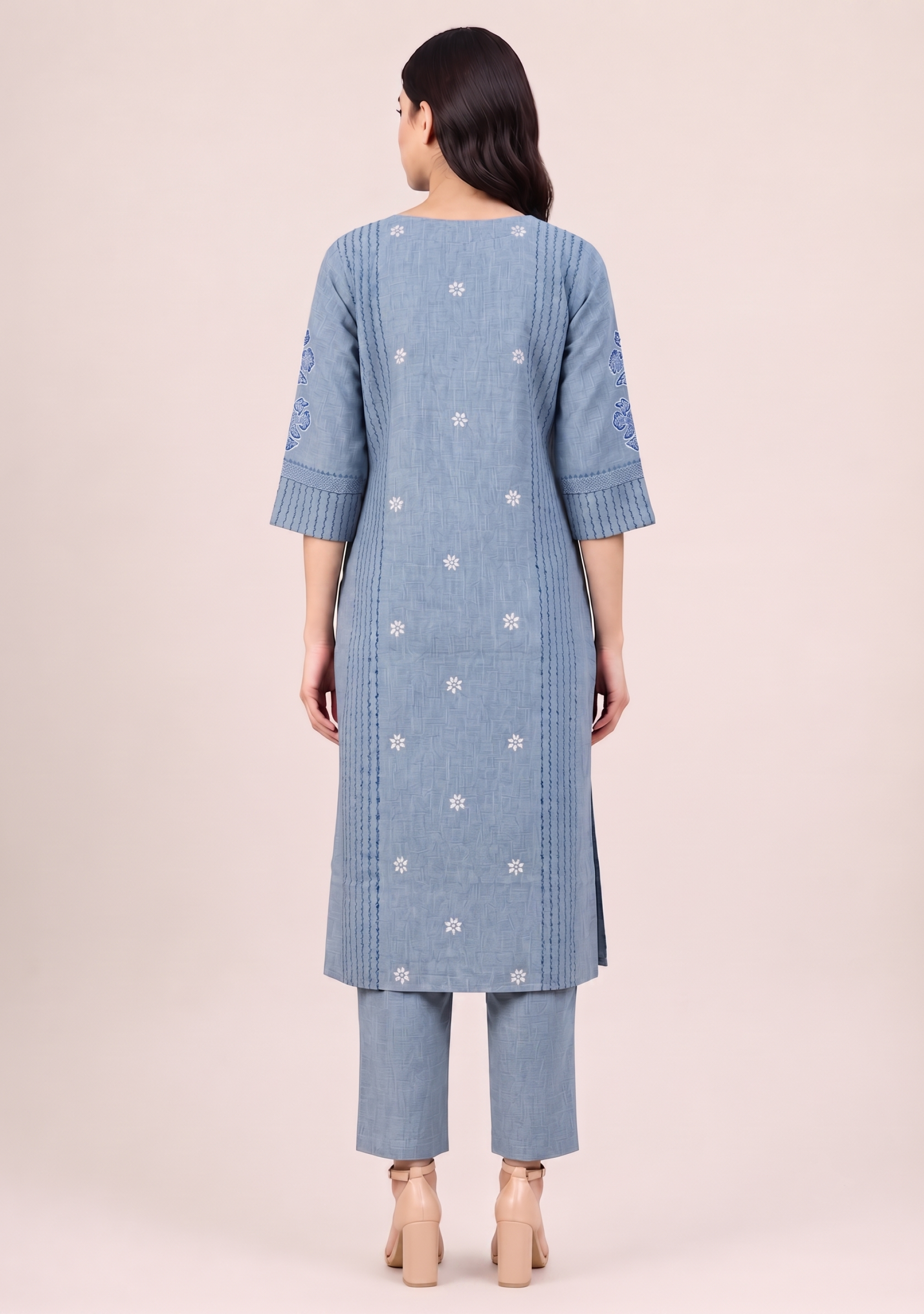 Denim Grey Cotton Embroidered 3pc suit set