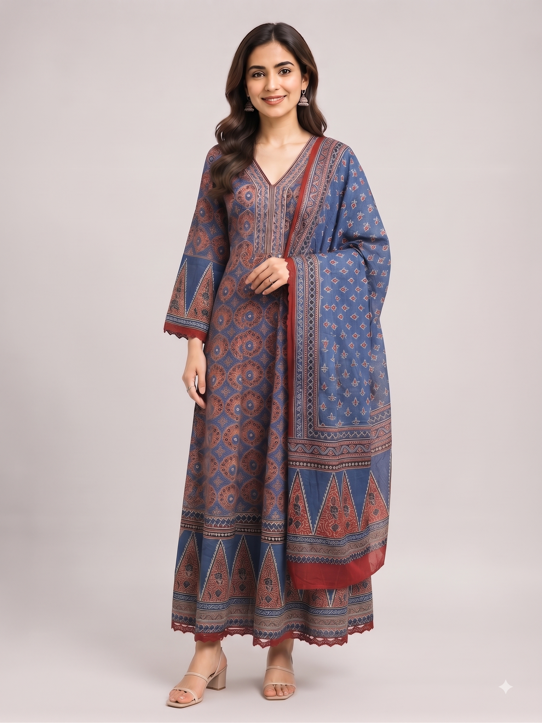 Blue Red Printed Cotton Anarkali 3pc Suit Set