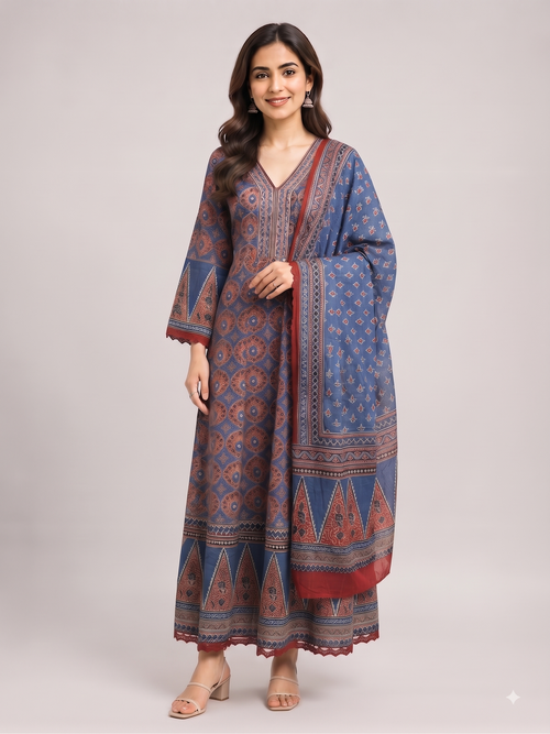 Blue Red Printed Cotton Anarkali 3pc Suit Set