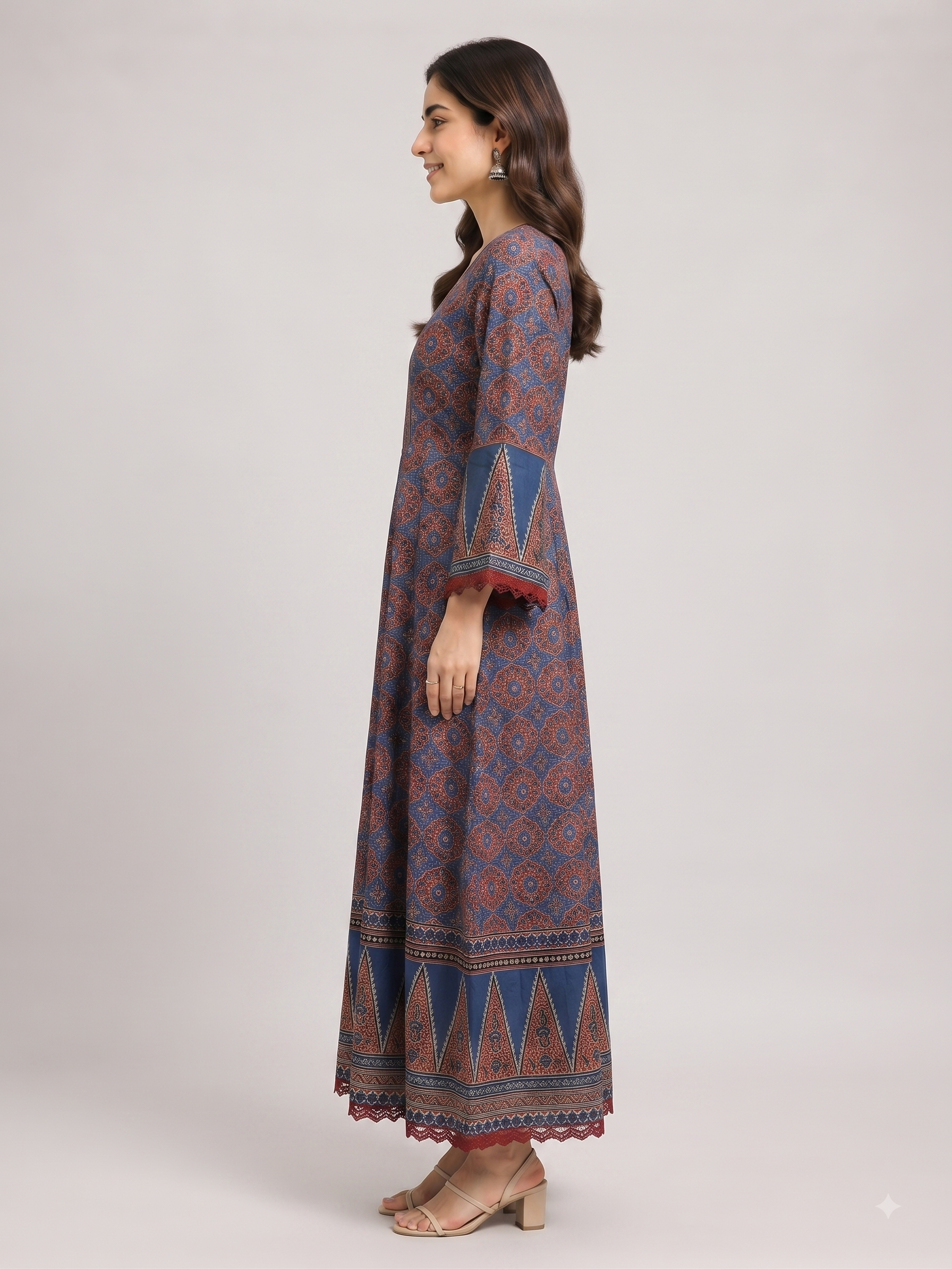 Blue Red Printed Cotton Anarkali 3pc Suit Set