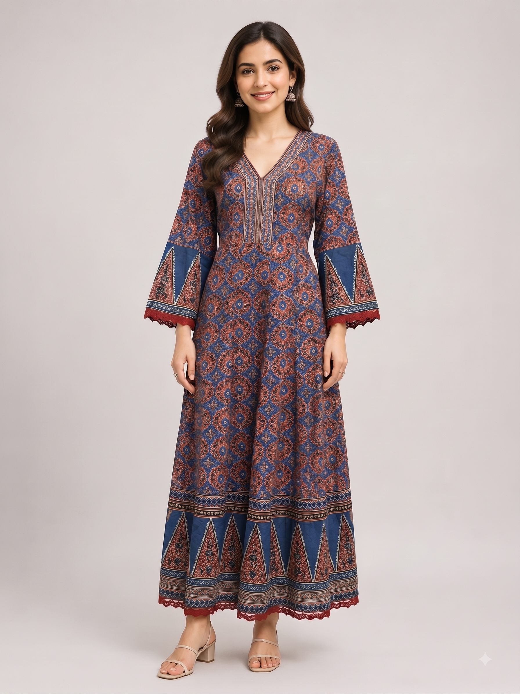 Blue Red Printed Cotton Anarkali 3pc Suit Set