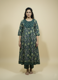 Dark Green Kali Printed Cotton Anarkali 3pc suit set