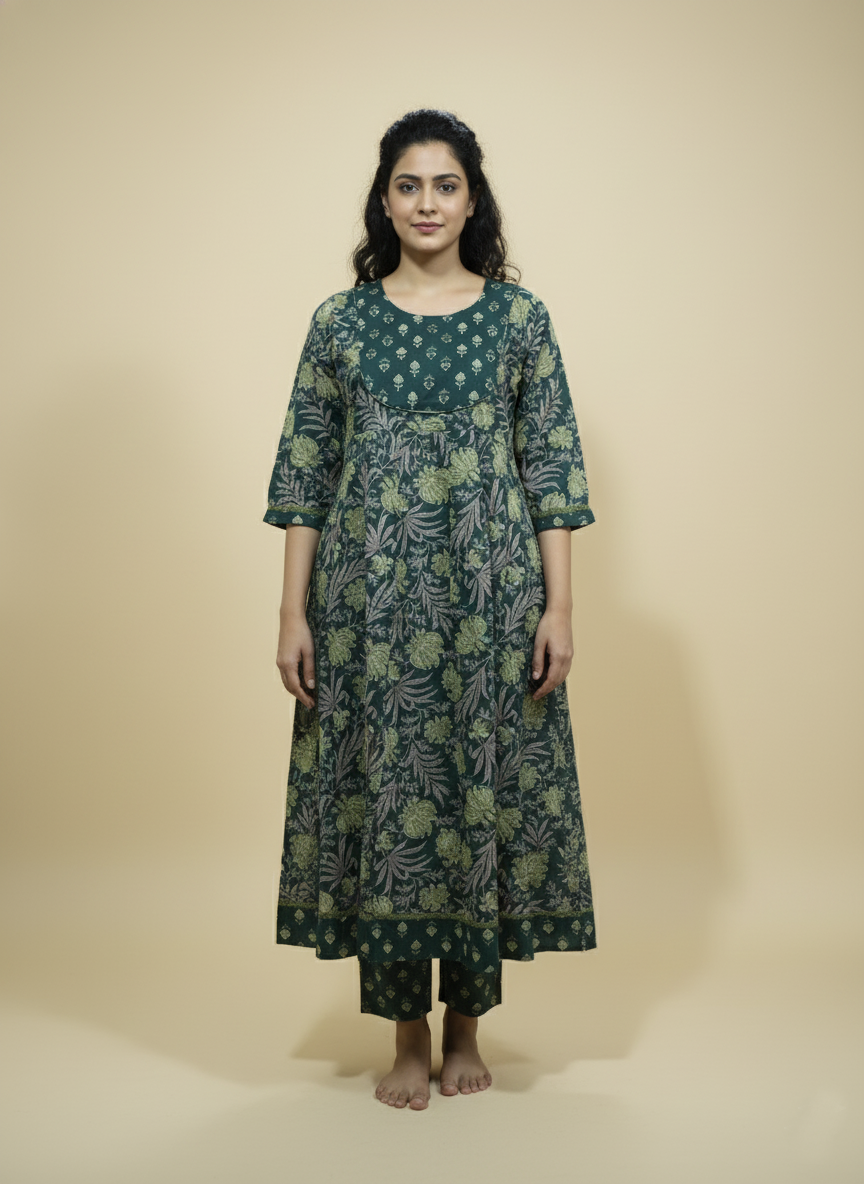 Dark Green Kali Printed Cotton Anarkali 3pc suit set