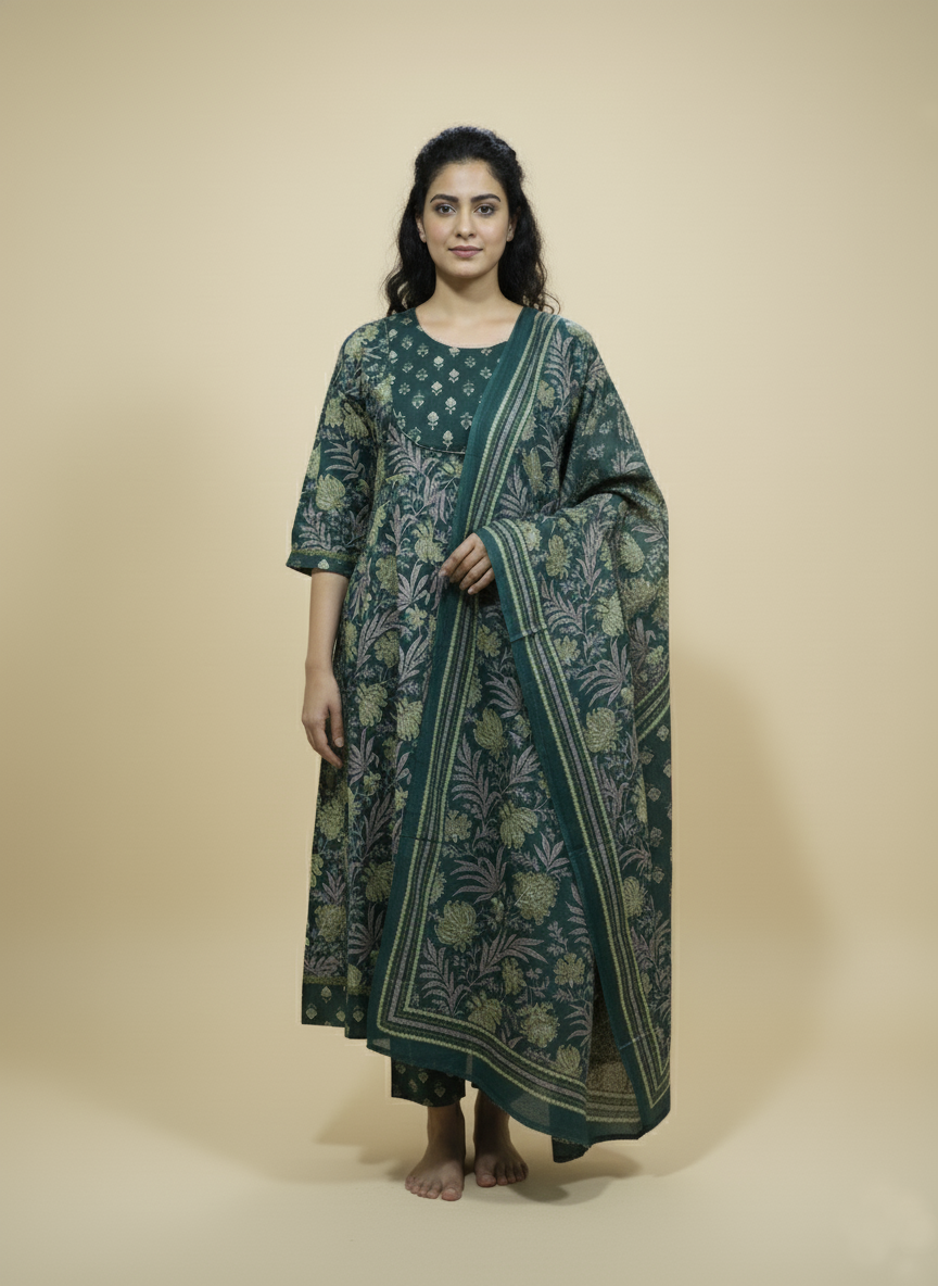 Dark Green Kali Printed Cotton Anarkali 3pc suit set