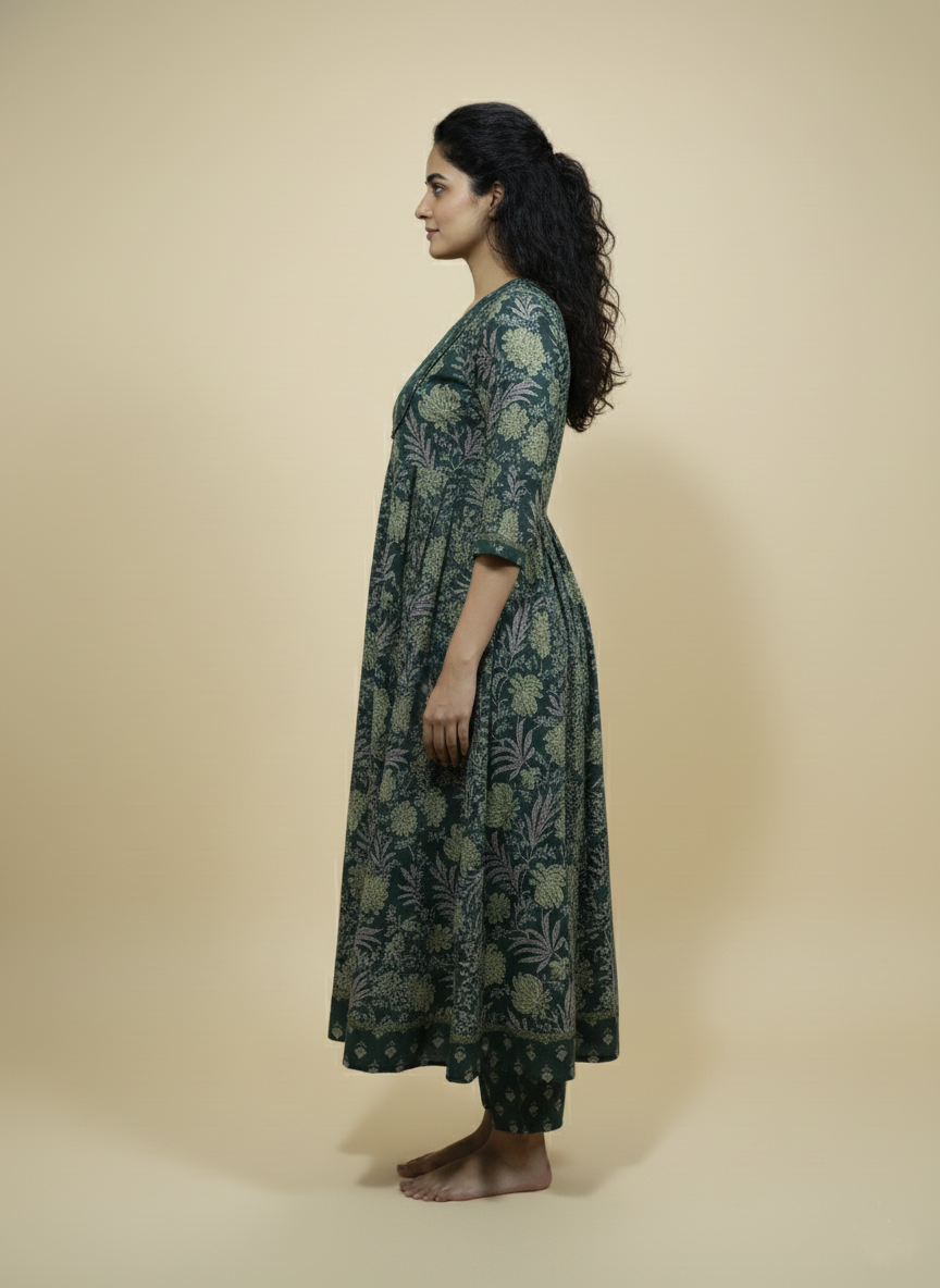 Dark Green Kali Printed Cotton Anarkali 3pc suit set