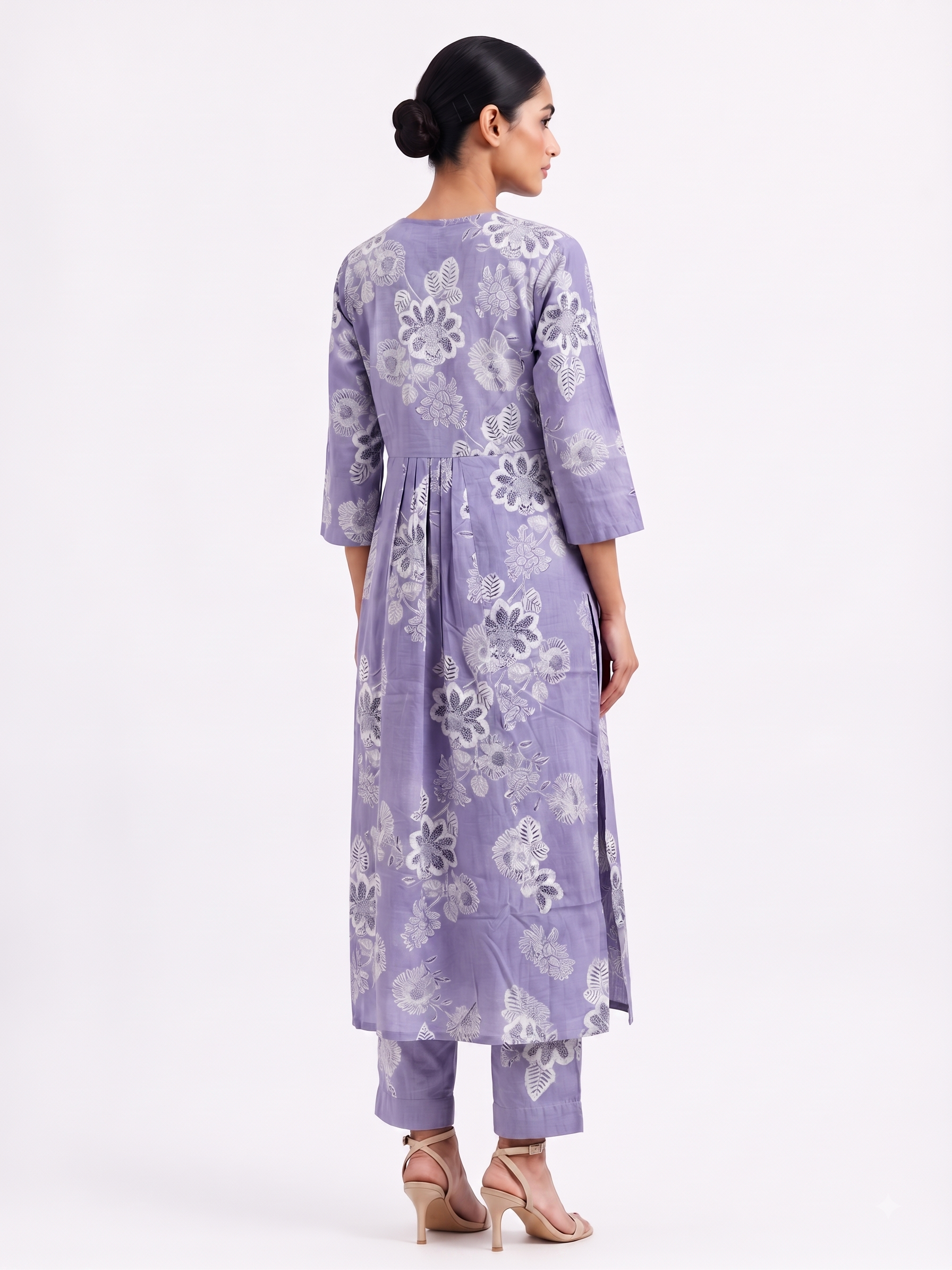 Lavender Printed V Neck Handcrafted A Line 3pc suit set