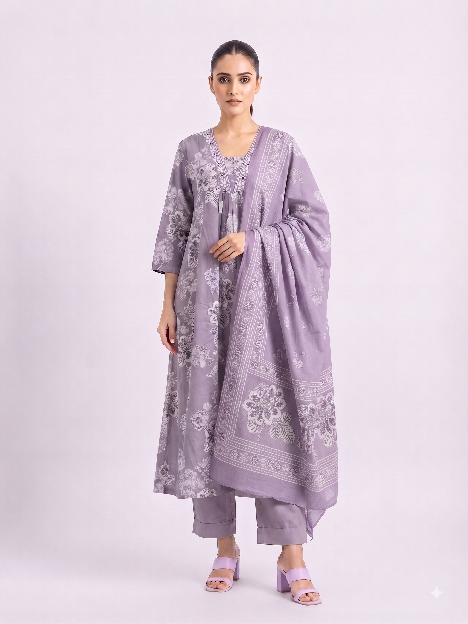 Lavender Printed V Neck Handcrafted A Line 3pc suit set