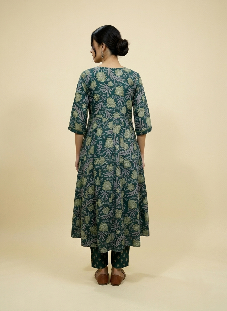 Dark Green Kali Printed Cotton Anarkali 3pc suit set