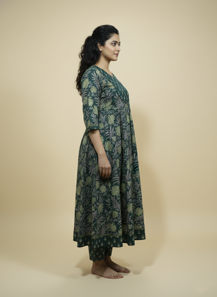 Dark Green Kali Printed Cotton Anarkali 3pc suit set