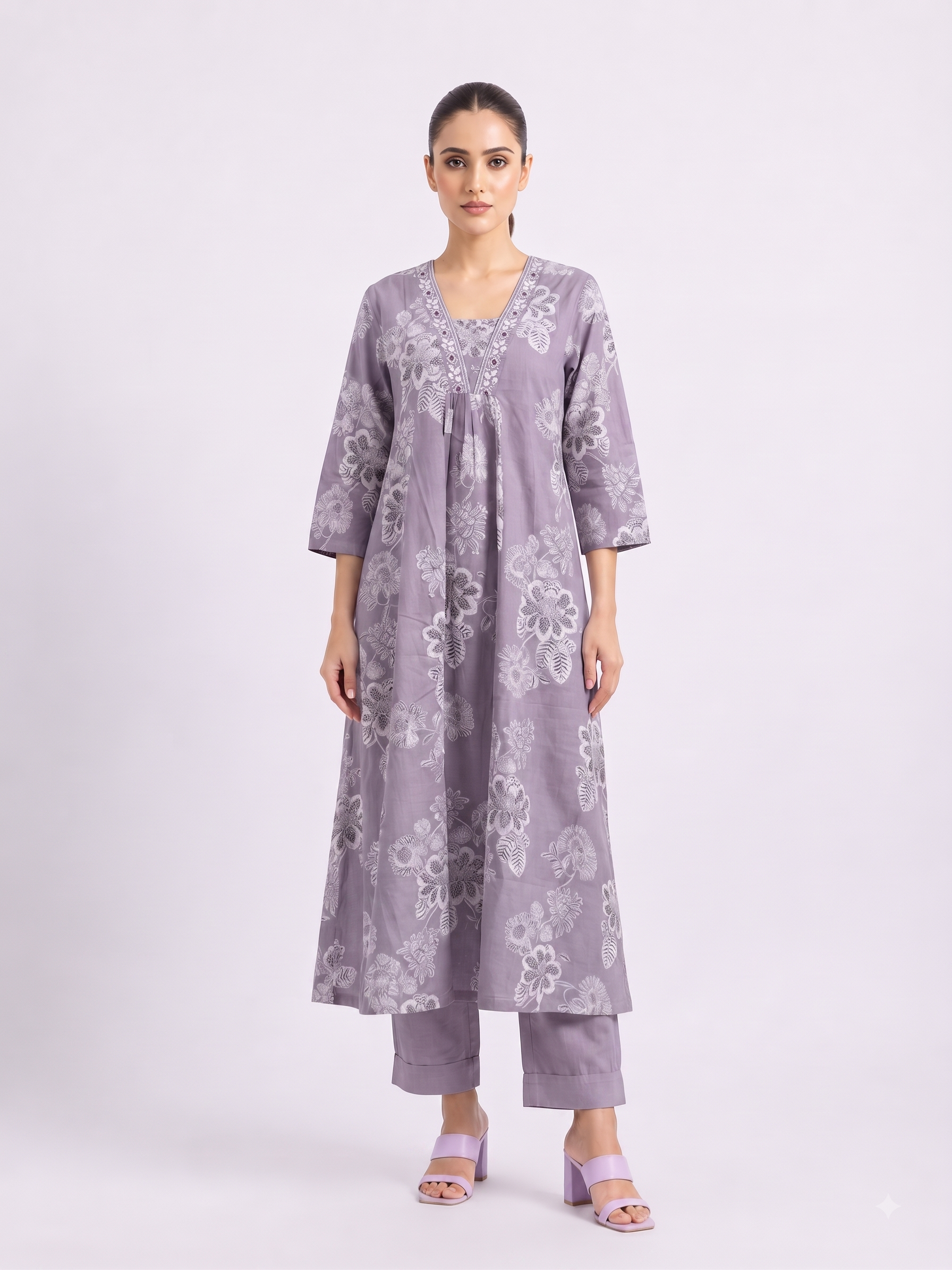 Lavender Printed V Neck Handcrafted A Line 3pc suit set