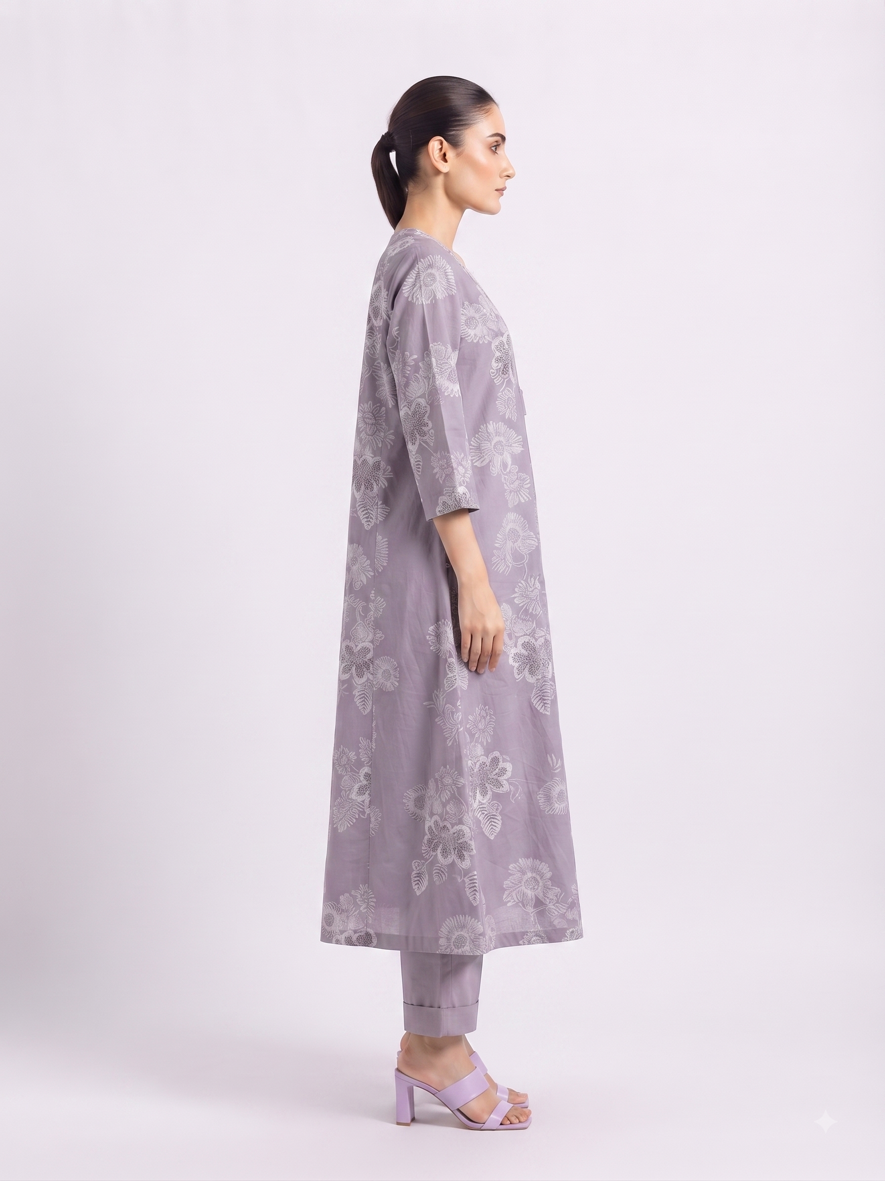 Lavender Printed V Neck Handcrafted A Line 3pc suit set