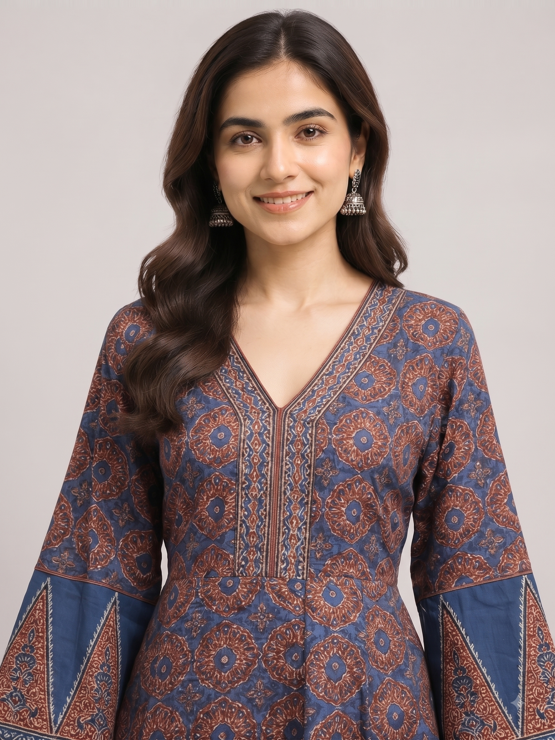 Blue Red Printed Cotton Anarkali 3pc Suit Set