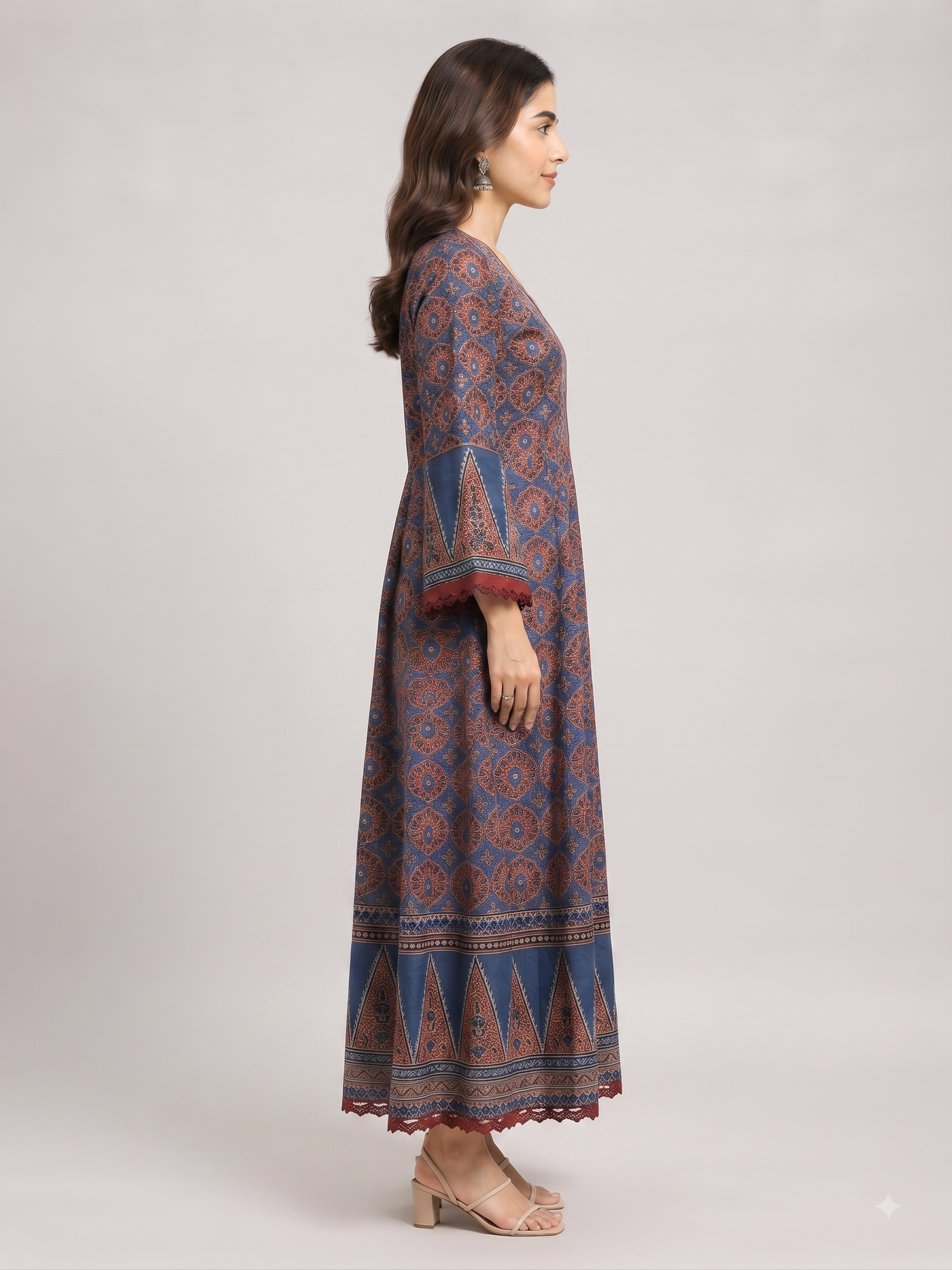 Blue Red Printed Cotton Anarkali 3pc Suit Set