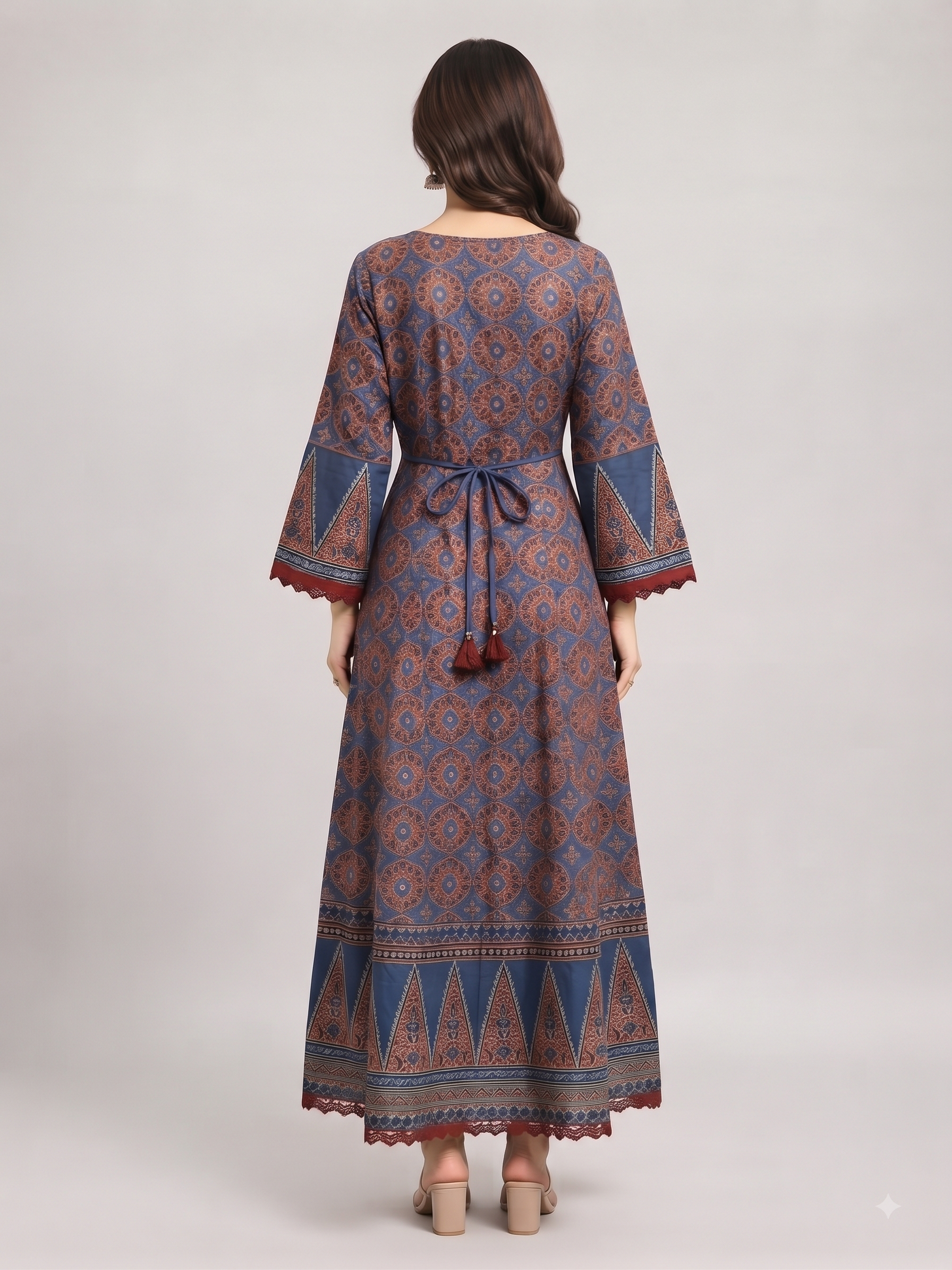 Blue Red Printed Cotton Anarkali 3pc Suit Set