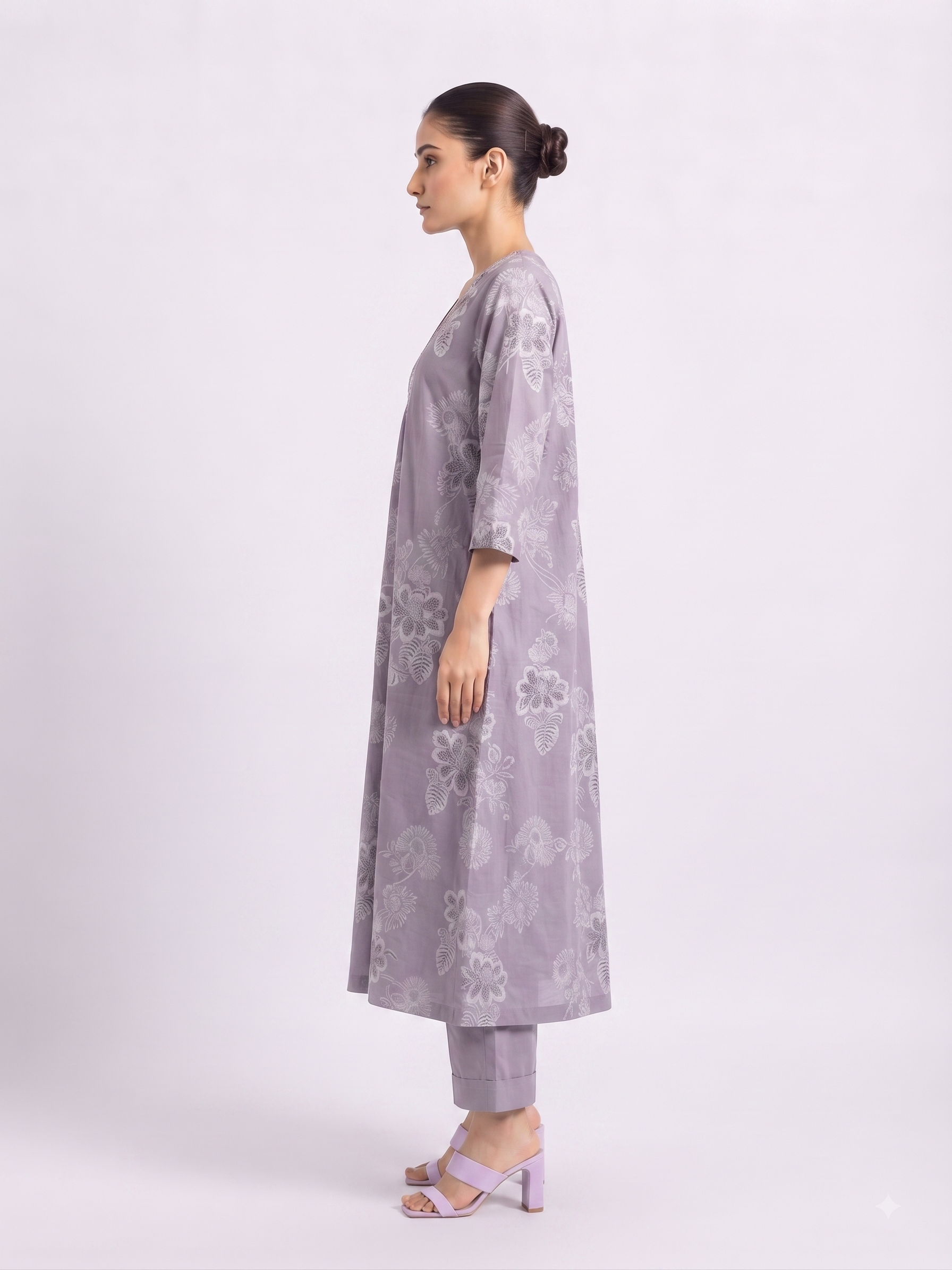 Lavender Printed V Neck Handcrafted A Line 3pc suit set