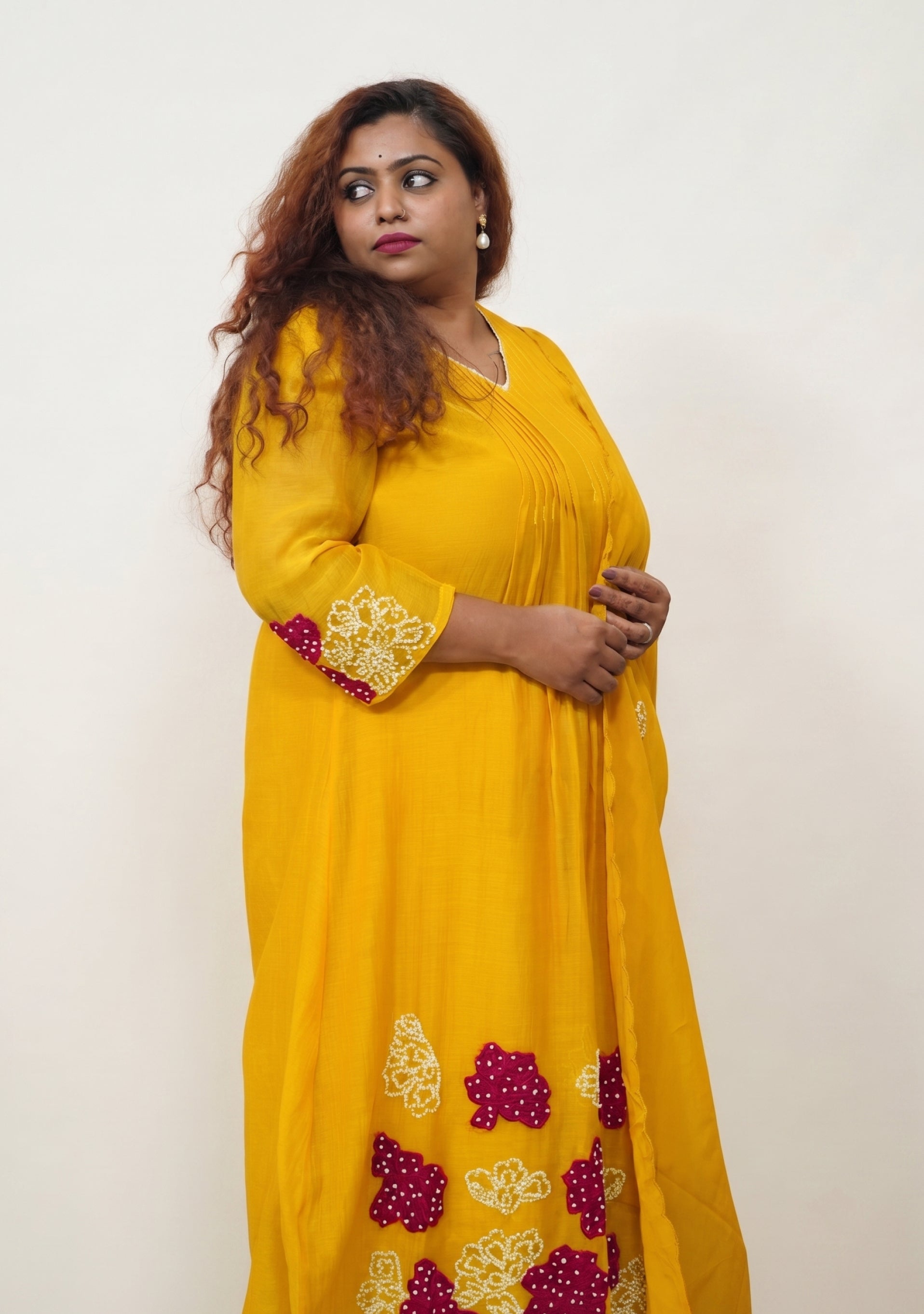 Golden Yellow Chanderi Handcrafted A-line 3pc suit set