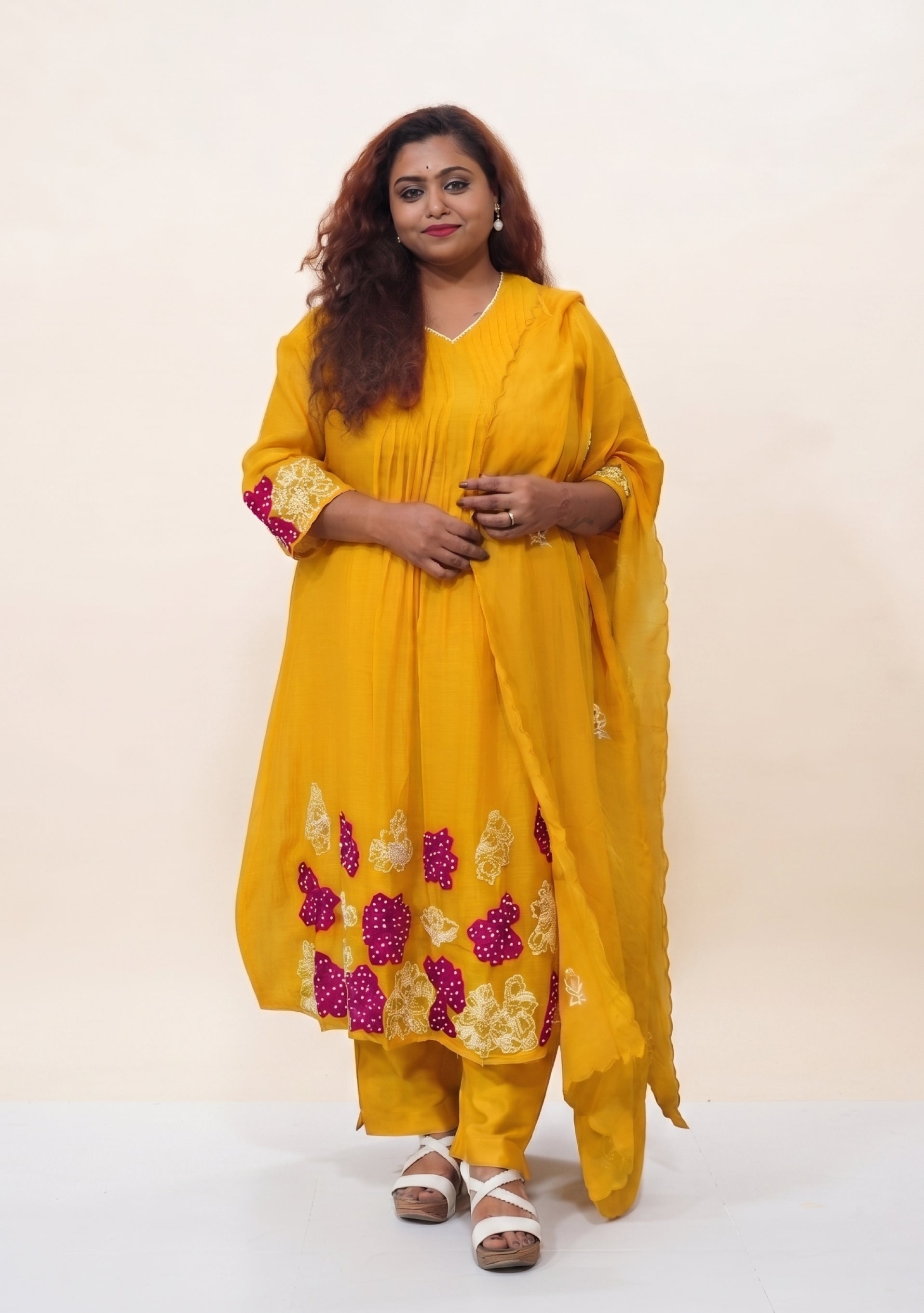 Golden Yellow Chanderi Handcrafted A-line 3pc suit set