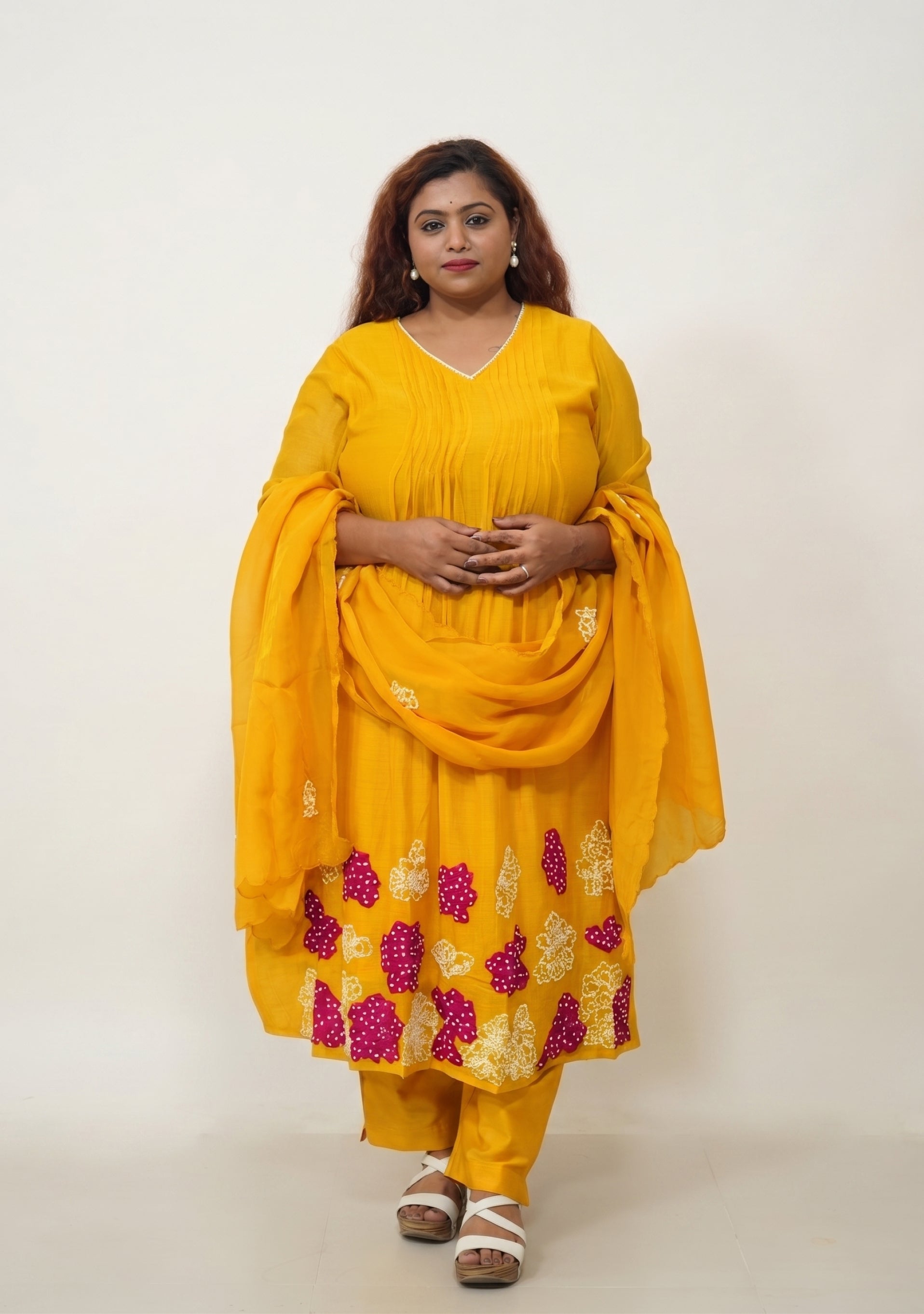 Golden Yellow Chanderi Handcrafted A-line 3pc suit set