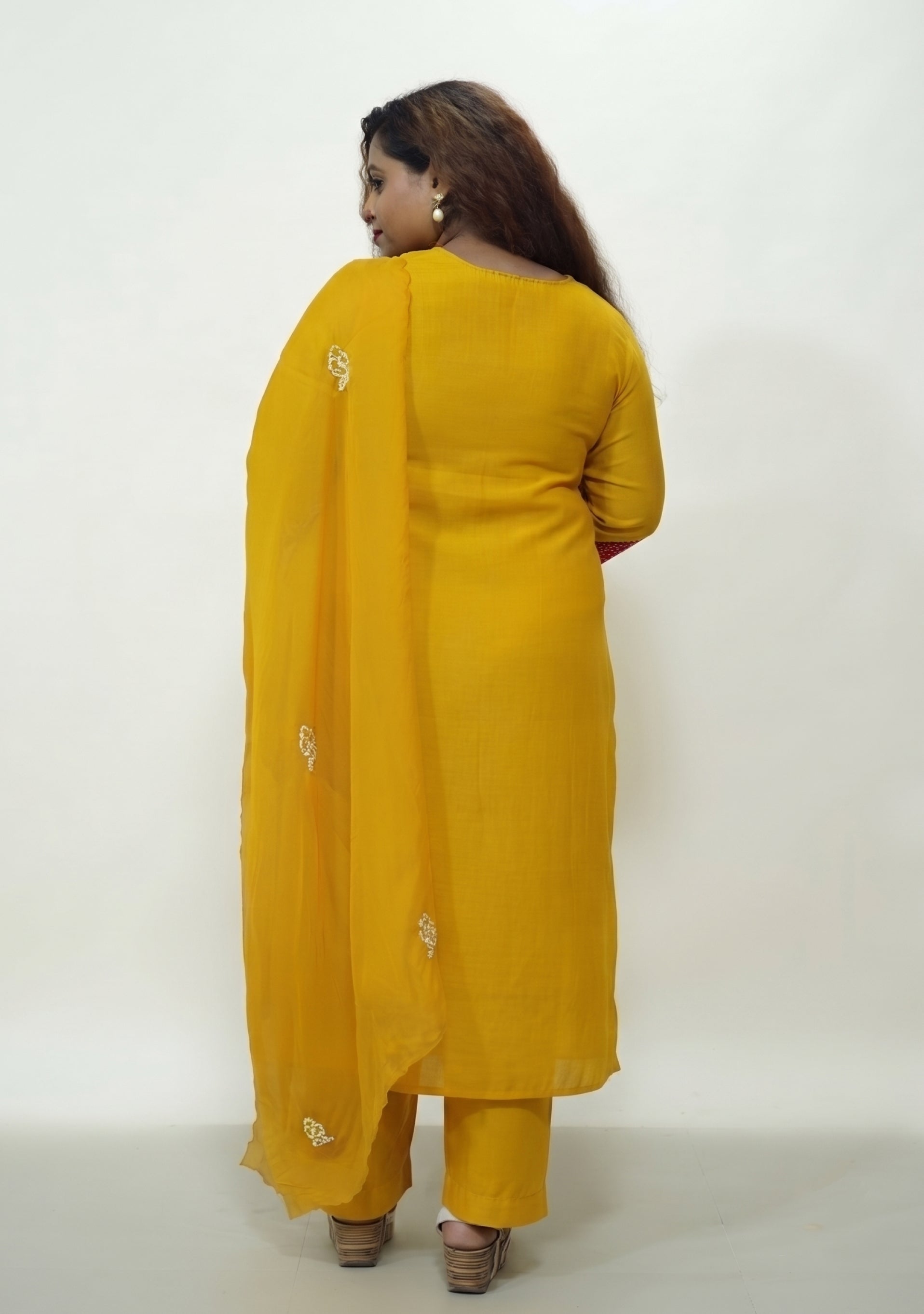 Golden Yellow Chanderi Handcrafted A-line 3pc suit set
