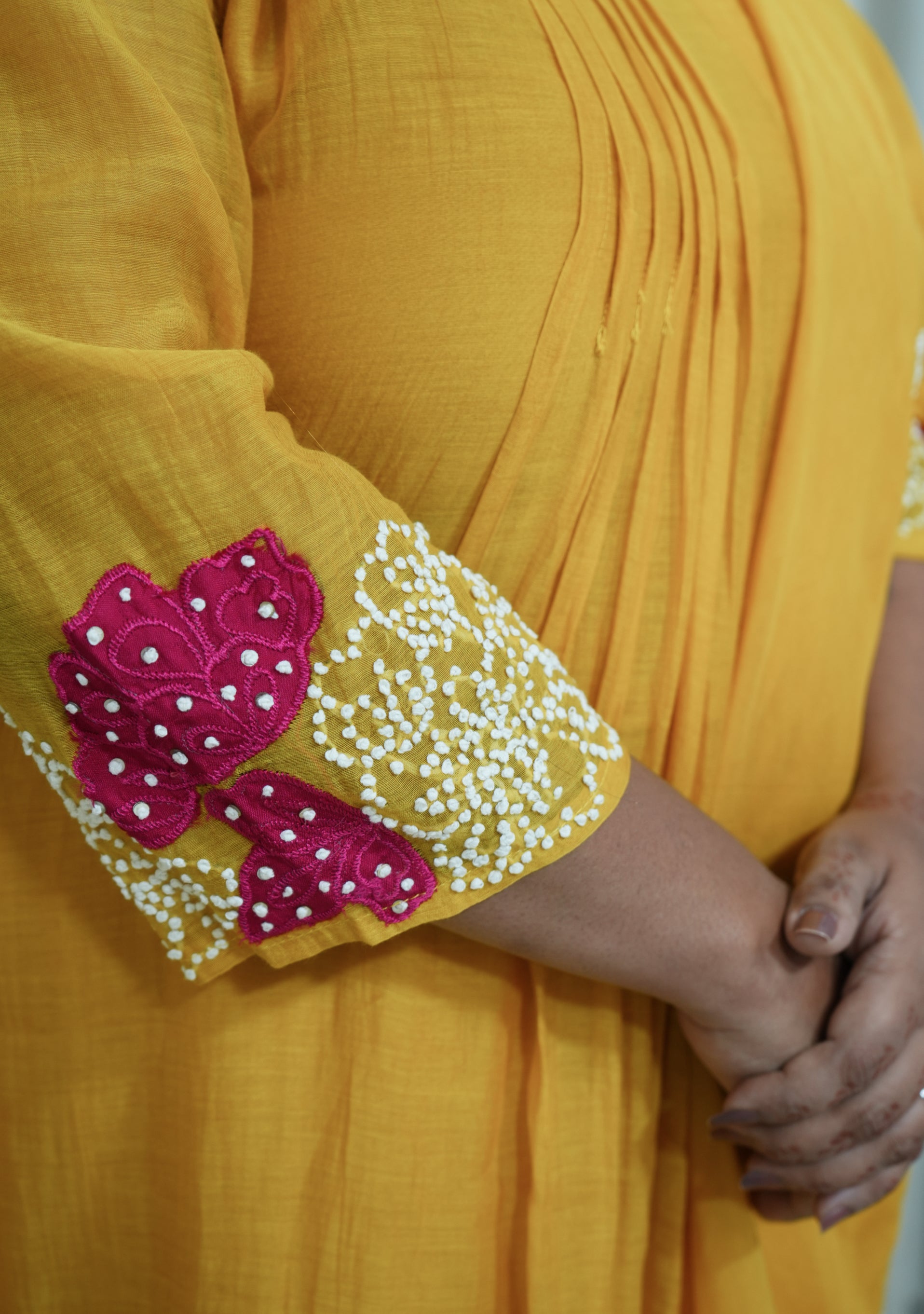 Golden Yellow Chanderi Handcrafted A-line 3pc suit set