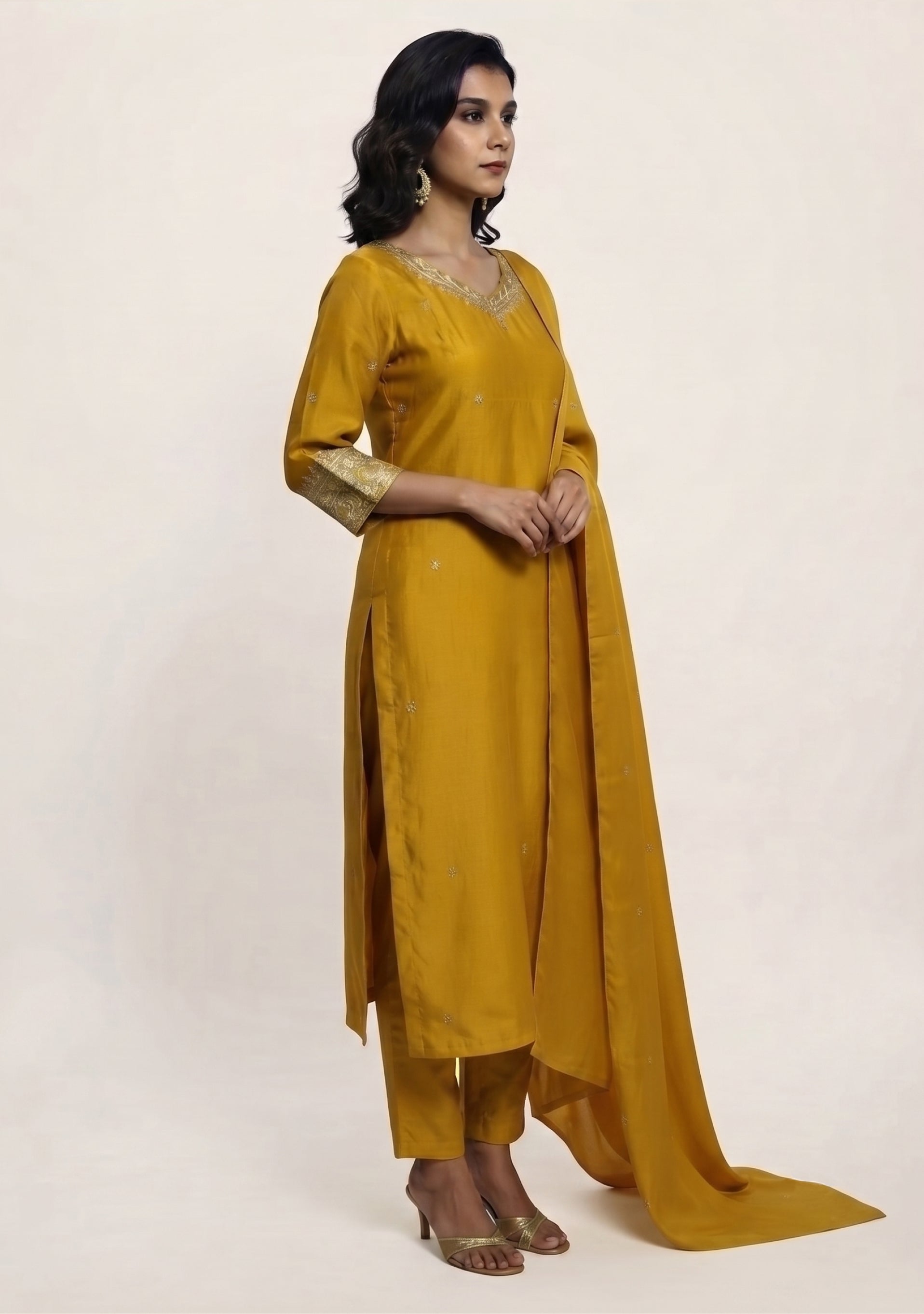 Golden Yellow Silk Handcrafted 3pc suit set
