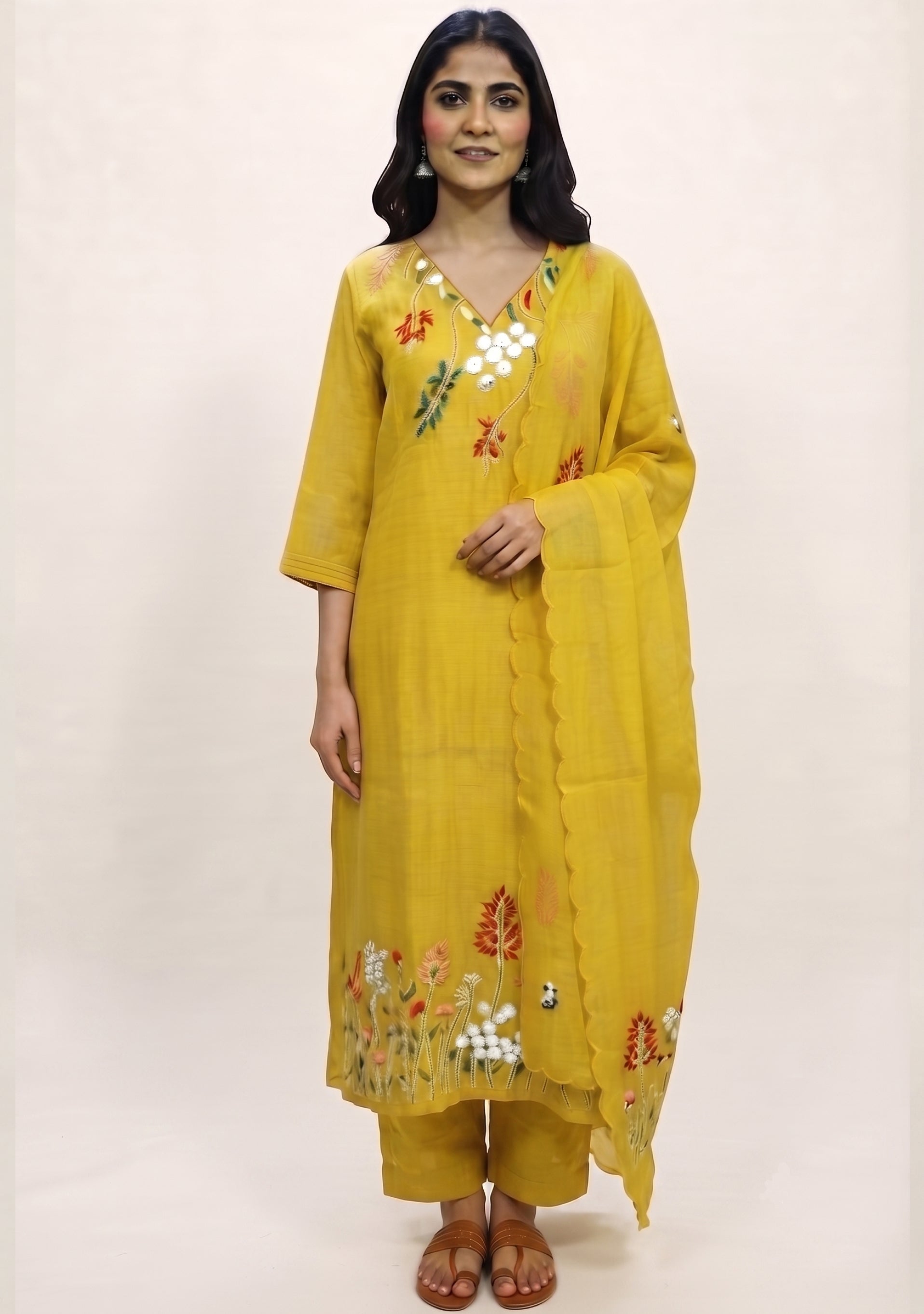 Greenish Lime Yellow Mul Cotton Handcrafted suit set