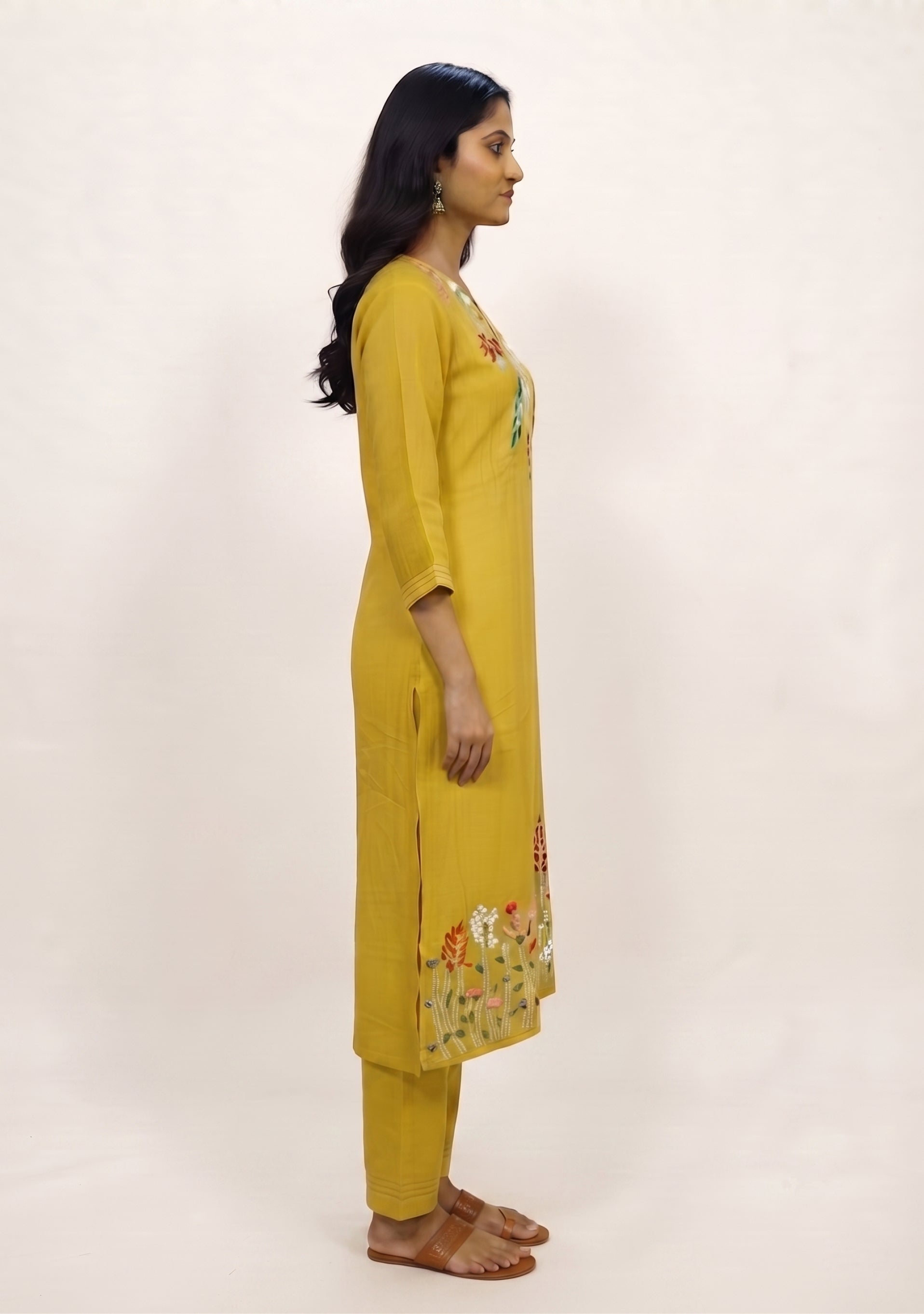 Greenish Lime Yellow Mul Cotton Handcrafted suit set